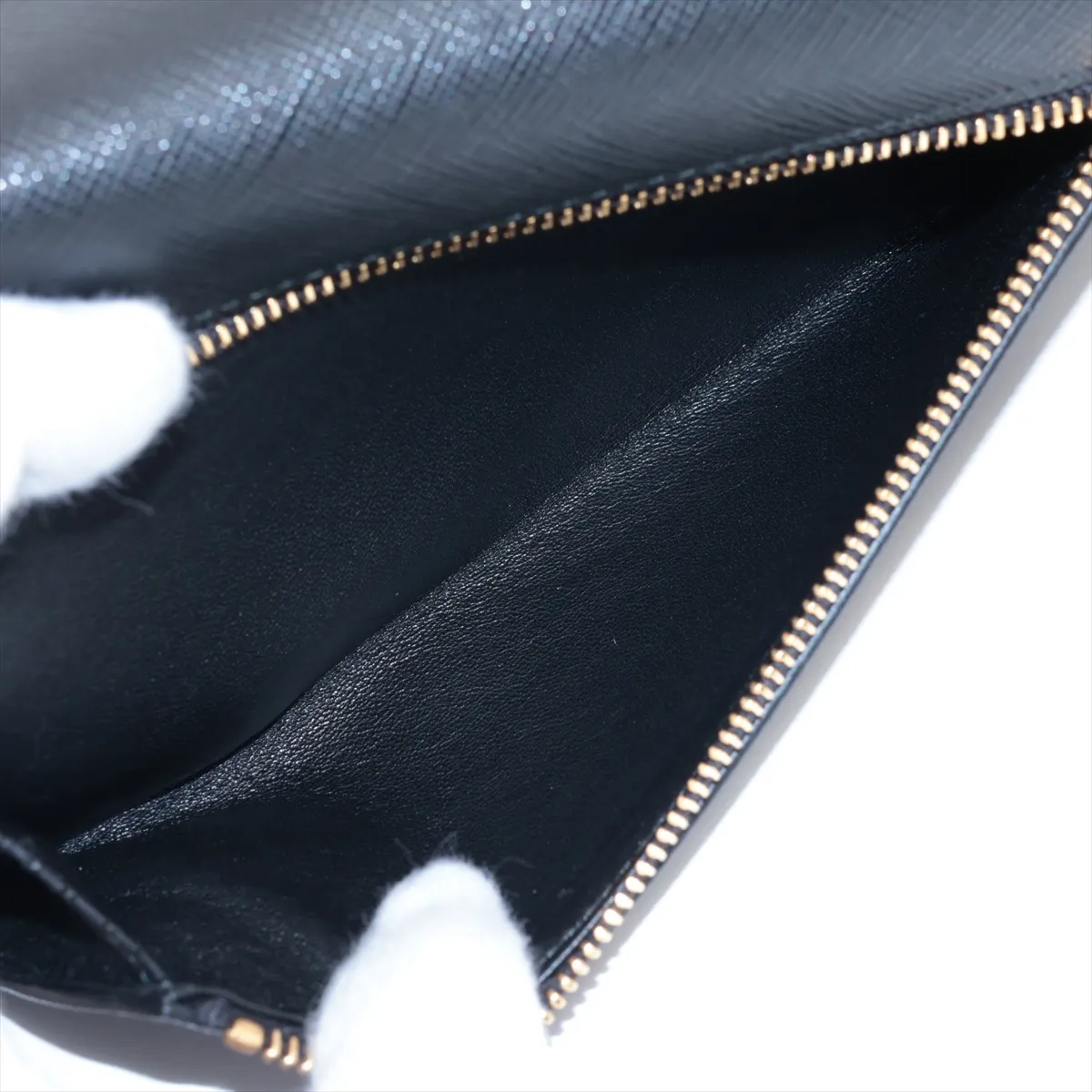 Saffiano Triangle Logo Leather Long Wallet, Black (Zipper end is misaligned) — view 10
