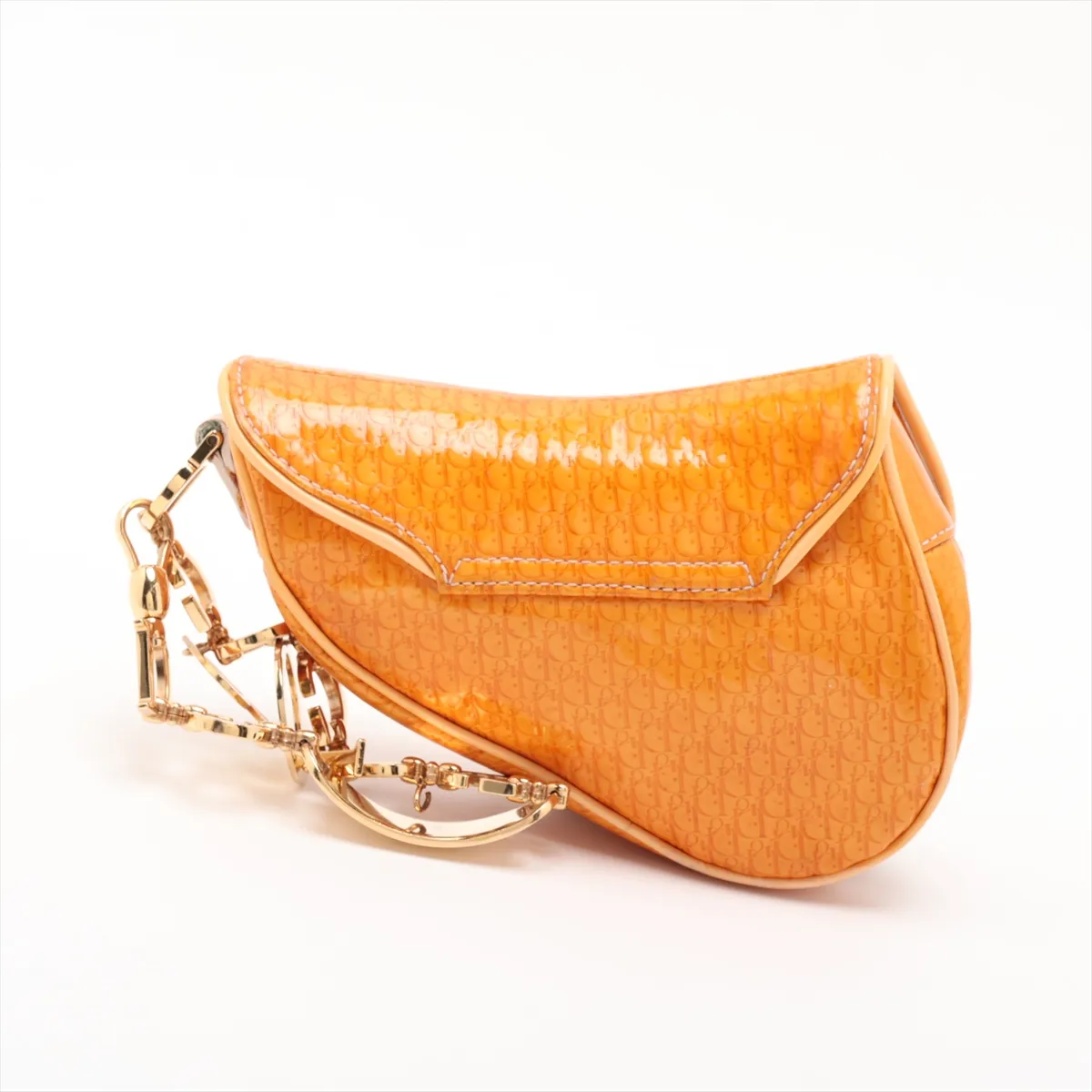 Trotter Saddle Patent Leather Clutch Bag, Orange, Charm partially missing. — view 2