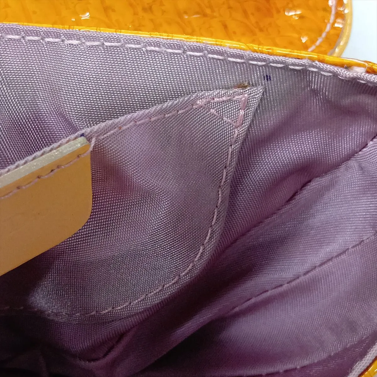 Trotter Saddle Patent Leather Clutch Bag, Orange, Charm partially missing. — view 11