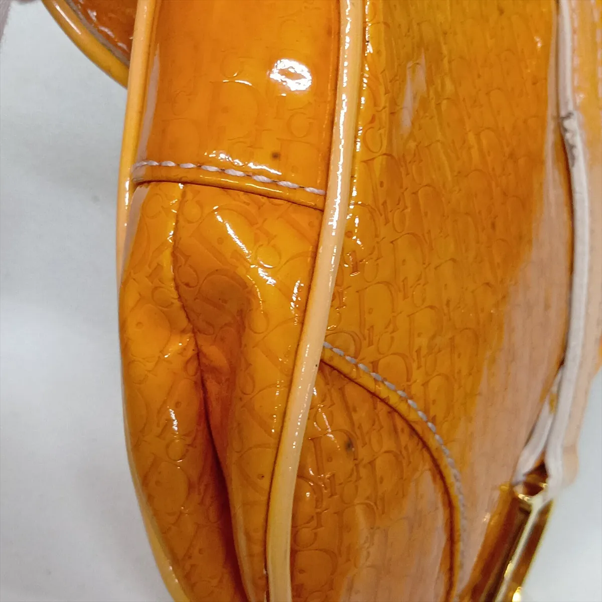 Trotter Saddle Patent Leather Clutch Bag, Orange, Charm partially missing. — view 12