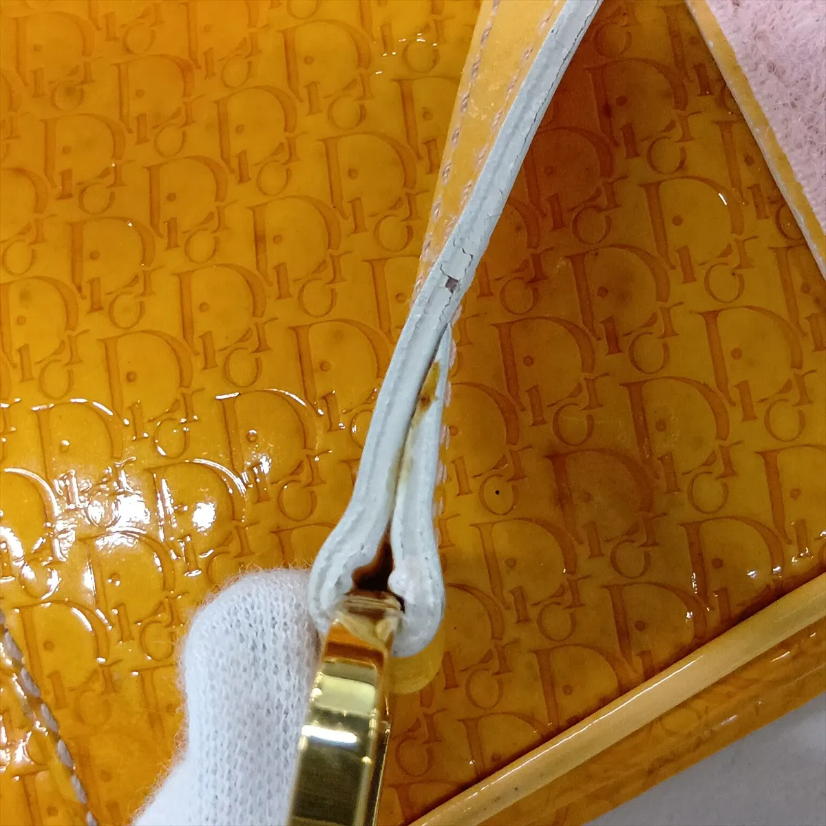 Trotter Saddle Patent Leather Clutch Bag, Orange, Charm partially missing. — view 14