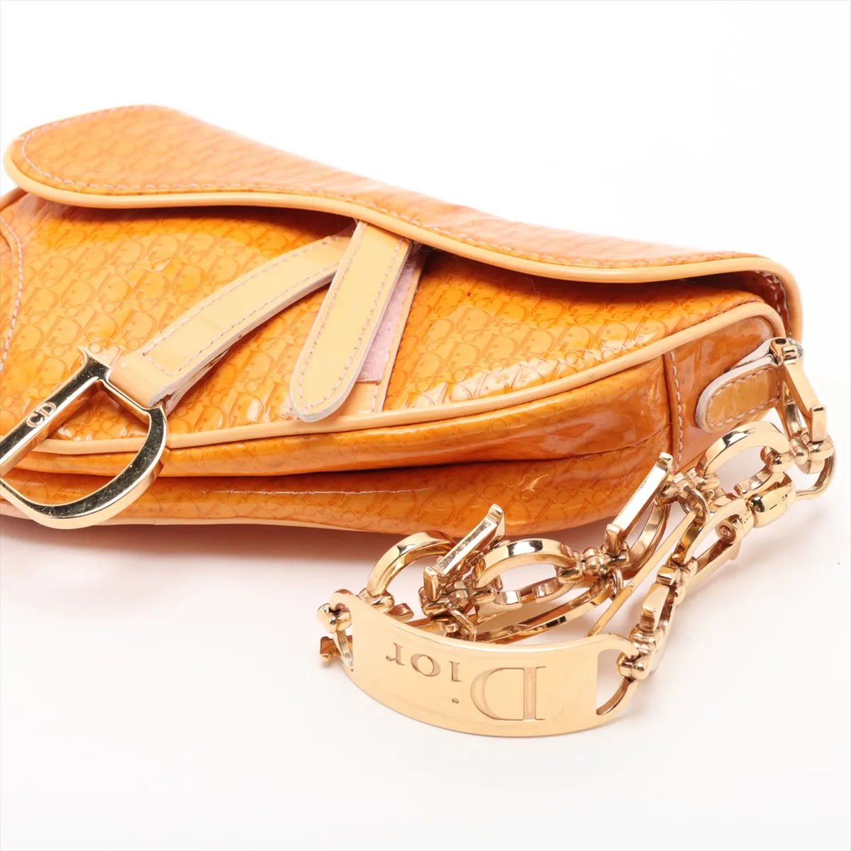 Trotter Saddle Patent Leather Clutch Bag, Orange, Charm partially missing. — view 3