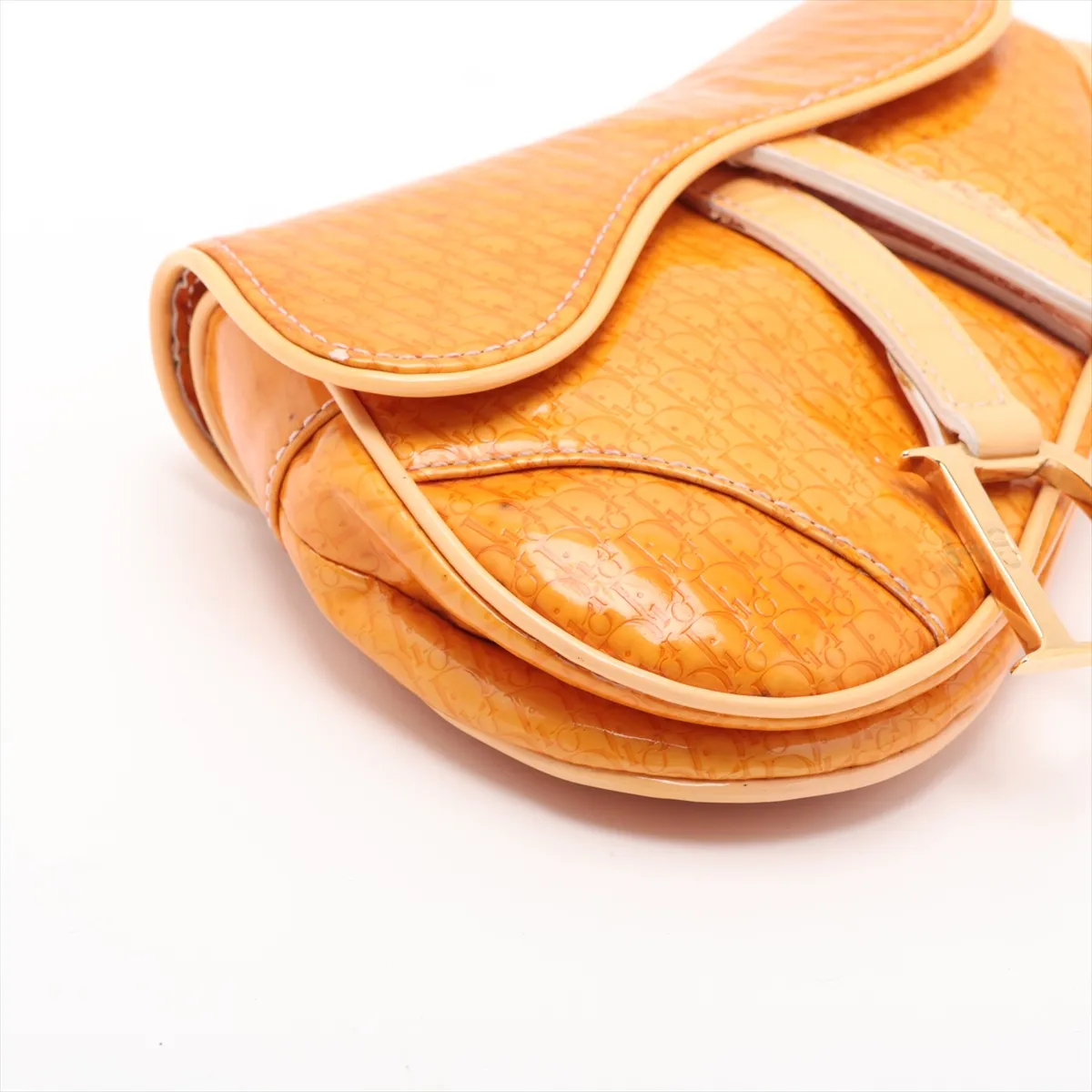 Trotter Saddle Patent Leather Clutch Bag, Orange, Charm partially missing. — view 4