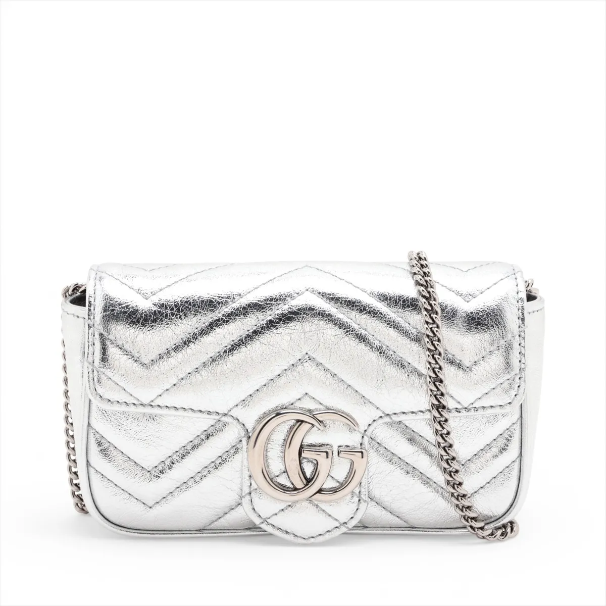 GG Marmont Leather Chain Shoulder Bag, Silver, 476433