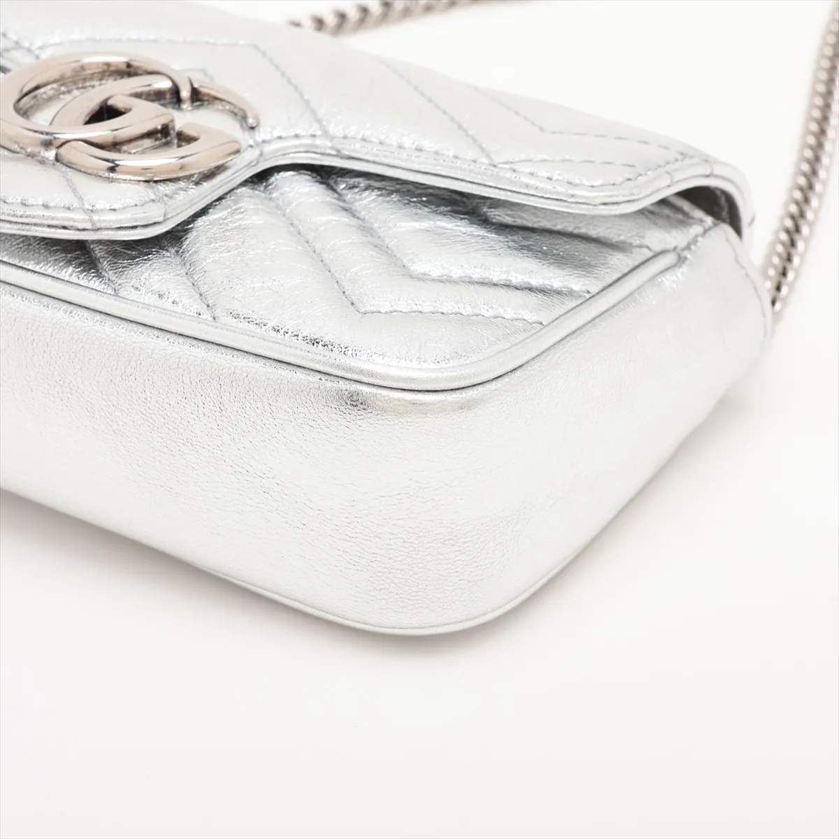 GG Marmont Leather Chain Shoulder Bag, Silver, 476433 — view 3