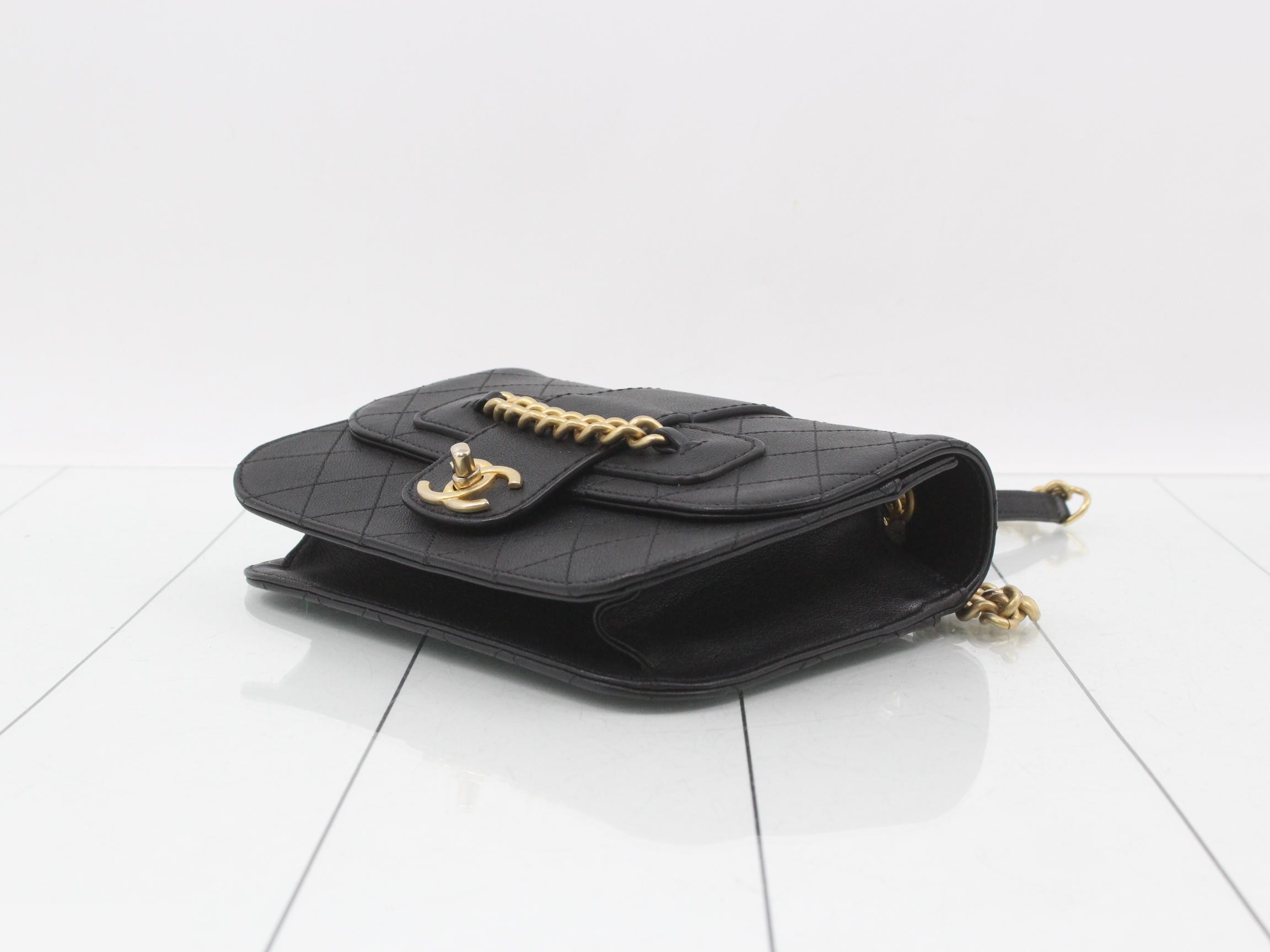 Matelassé Leather Chain Shoulder Bag, Black — view 6