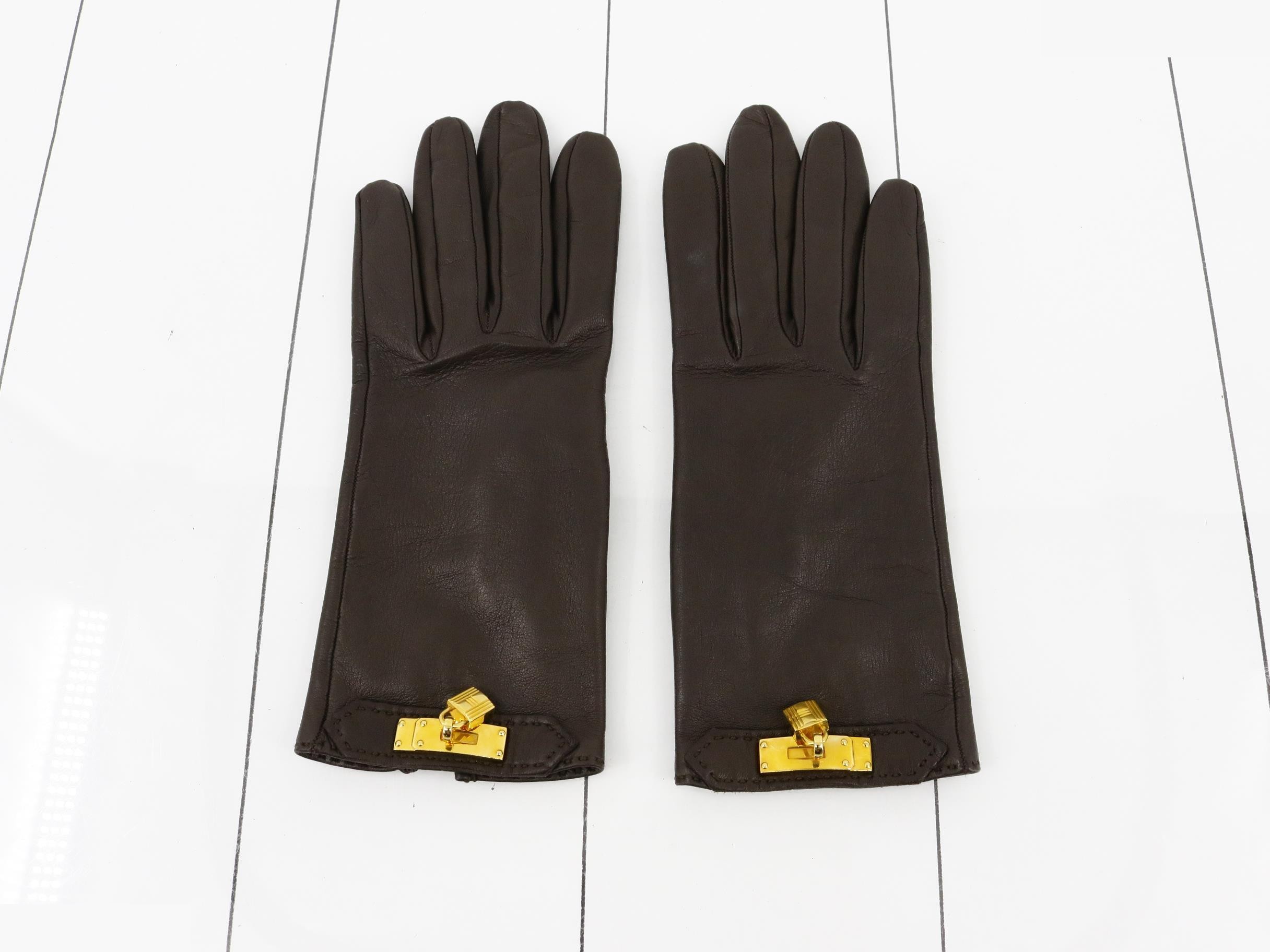 Gloves, Kelly hardware, padlock, gold, leather, brown