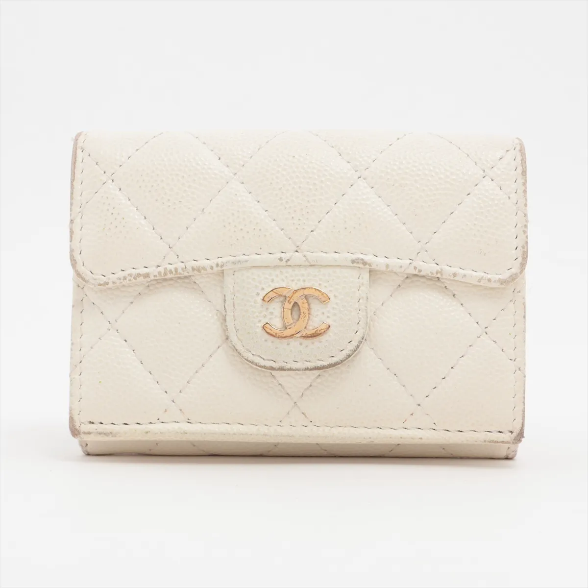 Double Mini Matelassé Caviar Skin Compact Wallet, White with Gold Hardware, 31475087