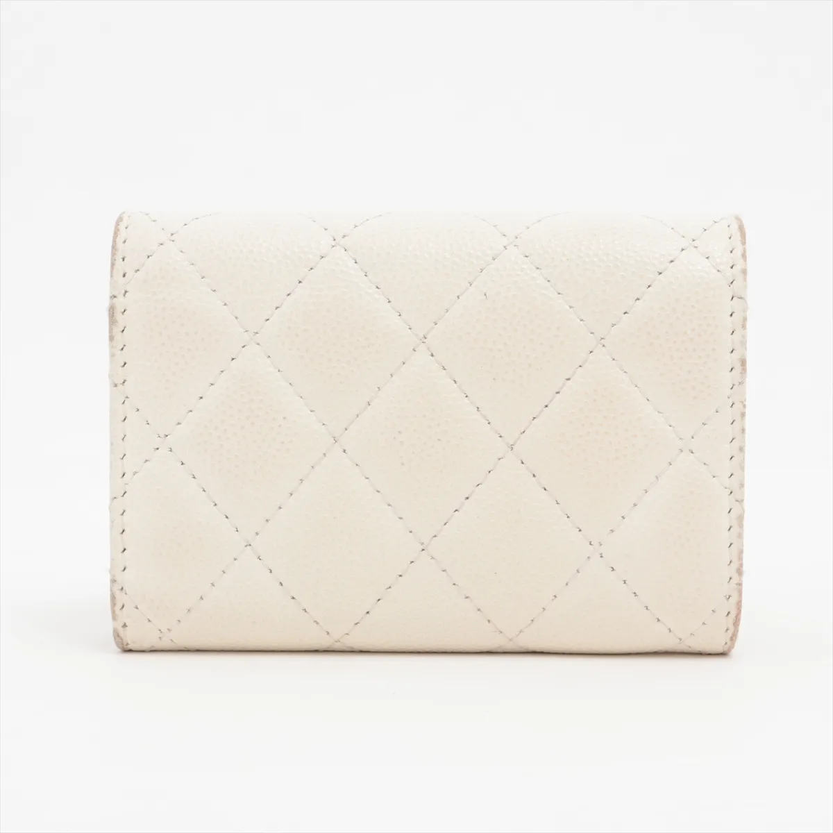 Double Mini Matelassé Caviar Skin Compact Wallet, White with Gold Hardware, 31475087 — view 2