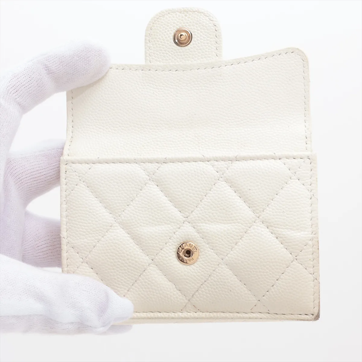 Double Mini Matelassé Caviar Skin Compact Wallet, White with Gold Hardware, 31475087 — view 3