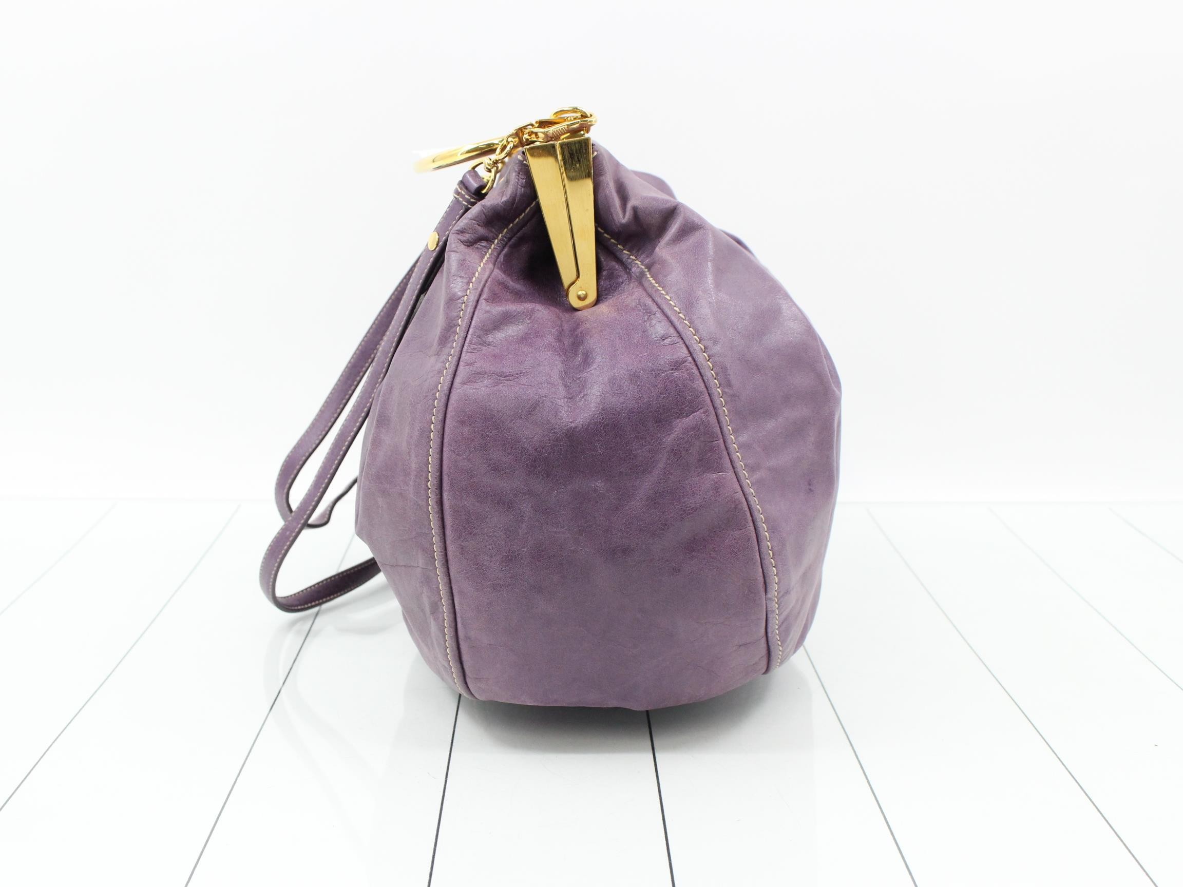 Other lines: 2-way bag with long strap, clasp closure, leather, purple. — view 3