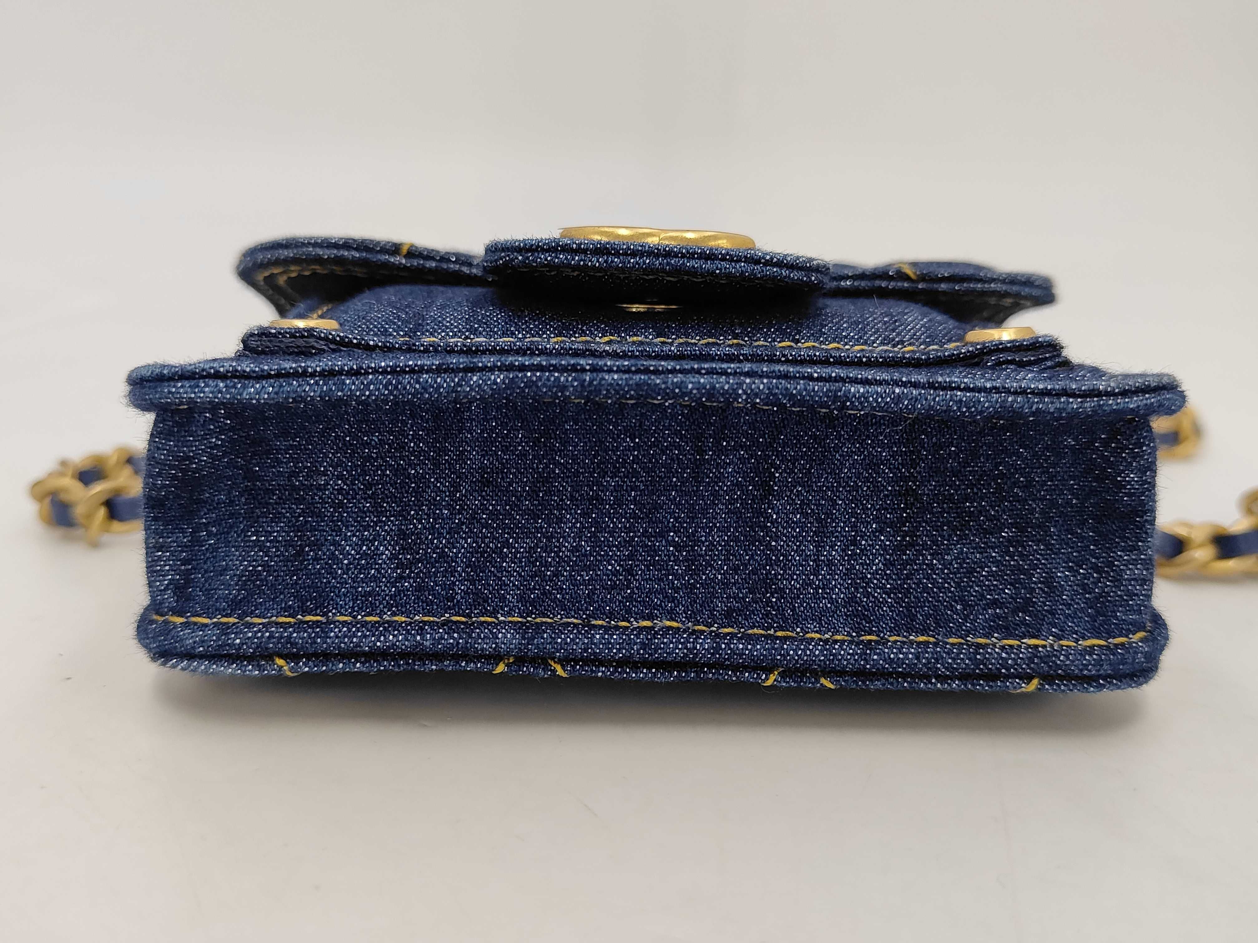 Mini Matelassé Denim Chain Shoulder Bag, Blue with Gold Hardware — view 3