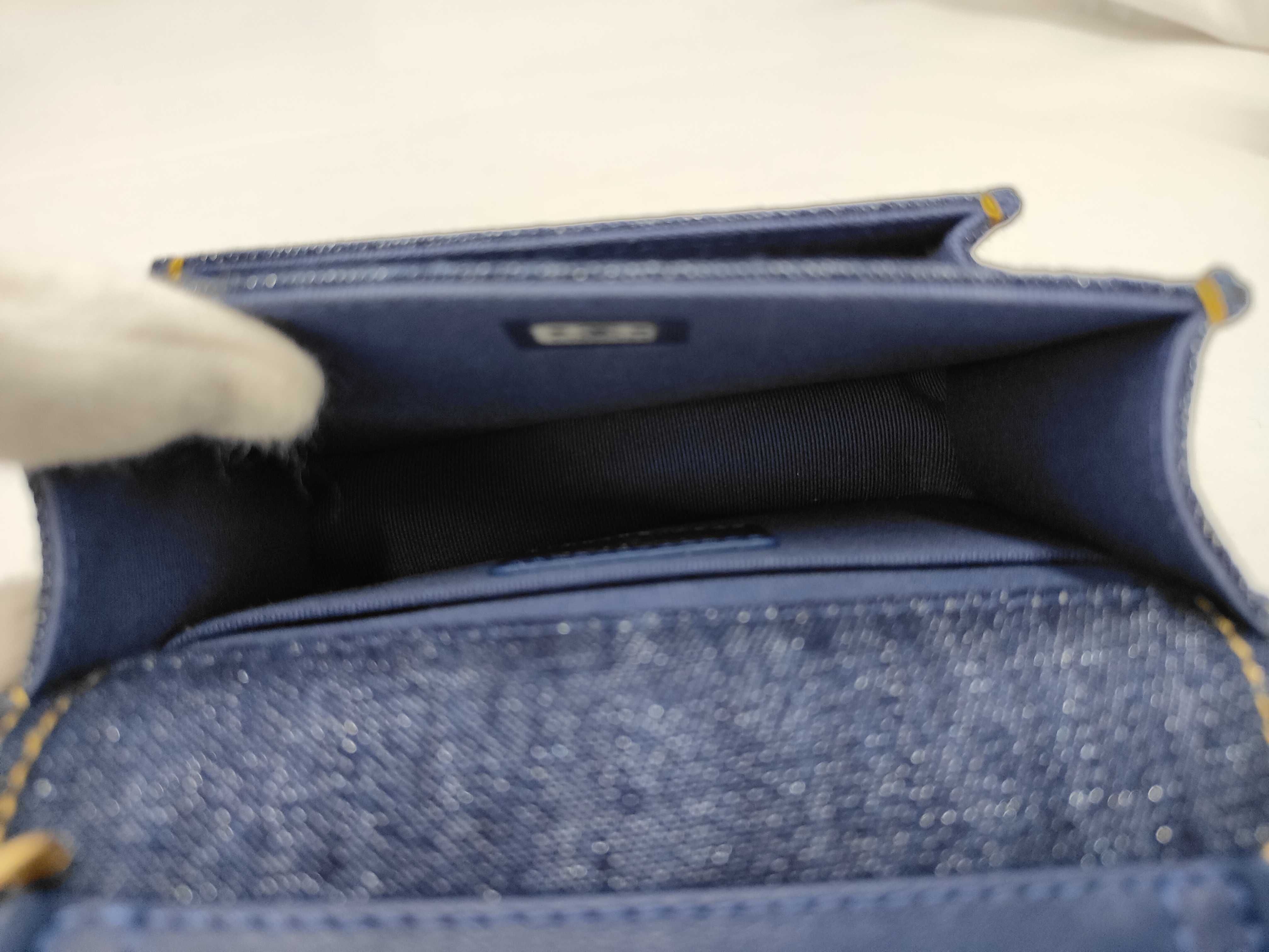 Mini Matelassé Denim Chain Shoulder Bag, Blue with Gold Hardware — view 5