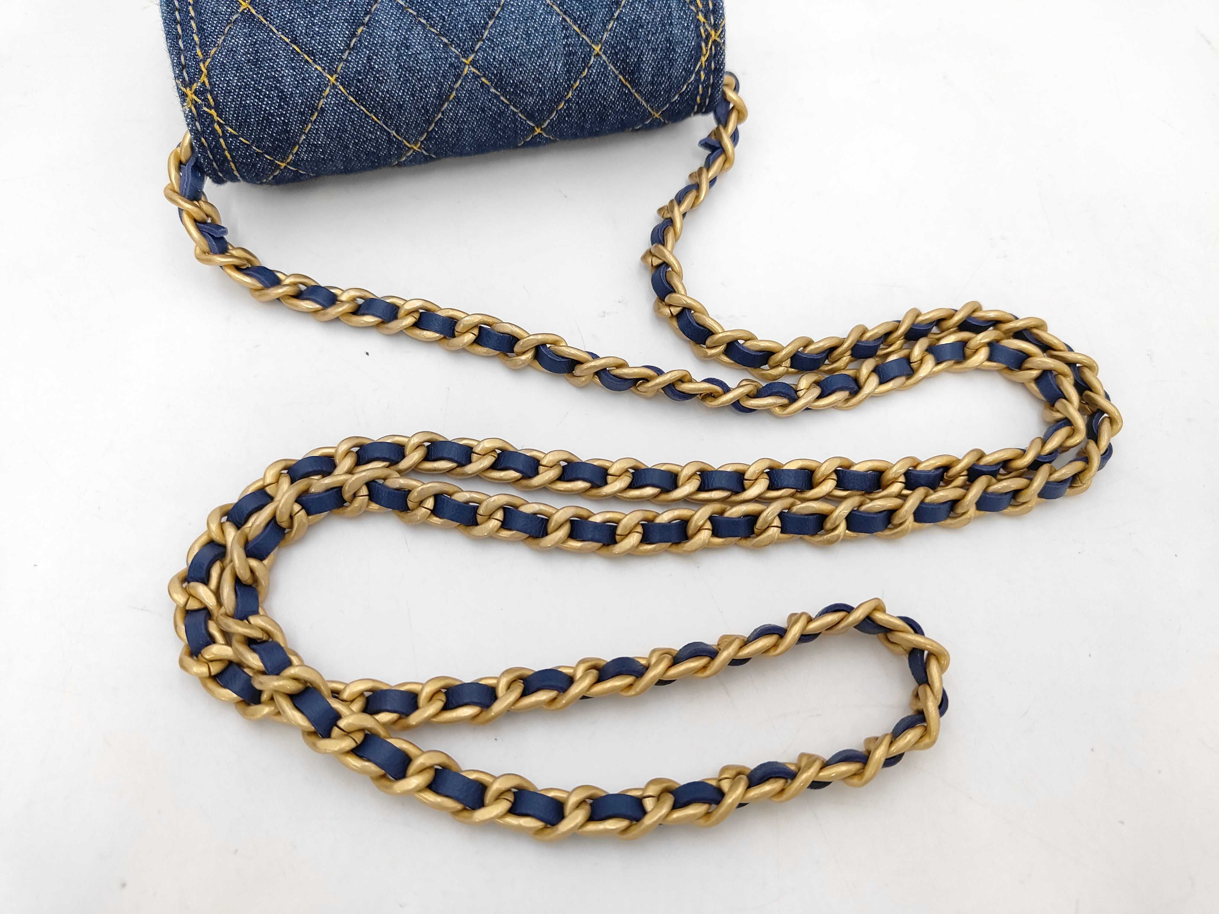 Mini Matelassé Denim Chain Shoulder Bag, Blue with Gold Hardware — view 8