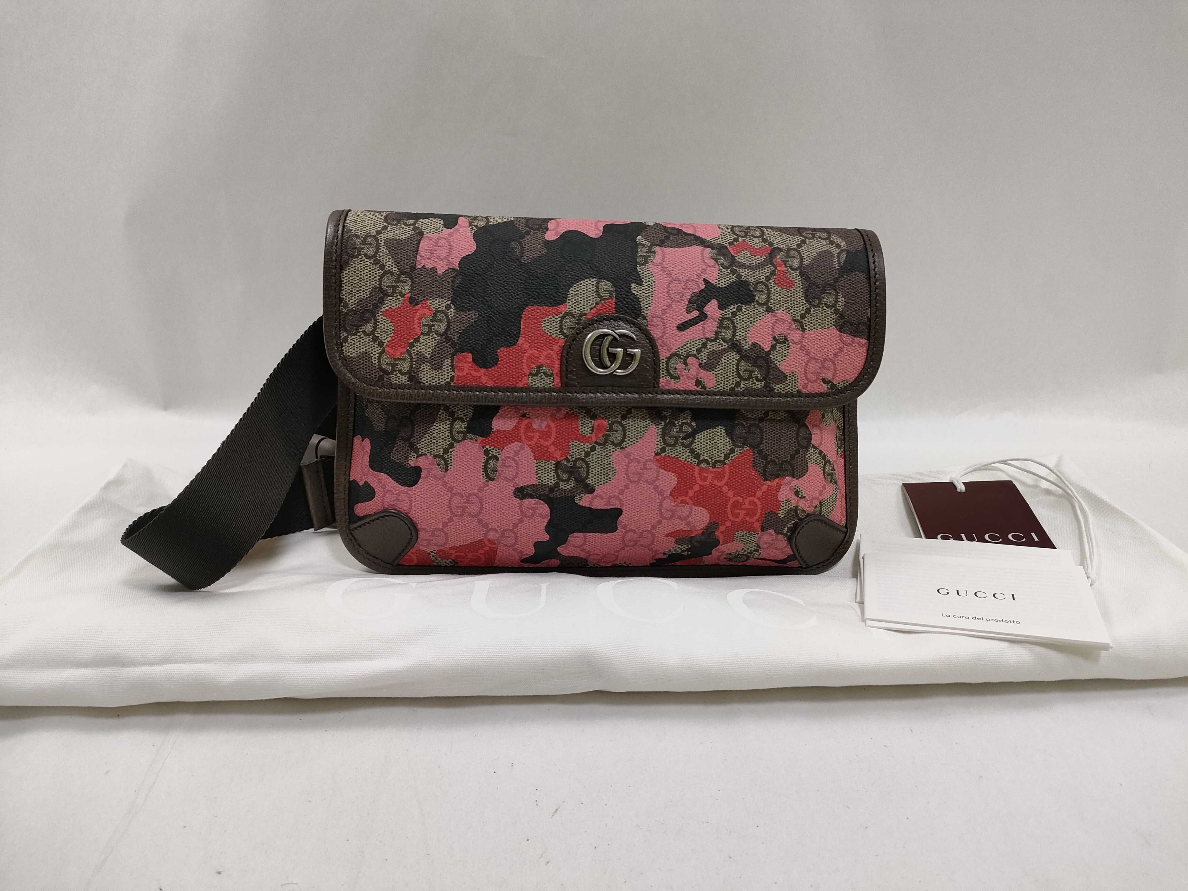 GG Camouflage PVC x Leather Waist Pouch, Beige x Pink, 752597 Waist Bag