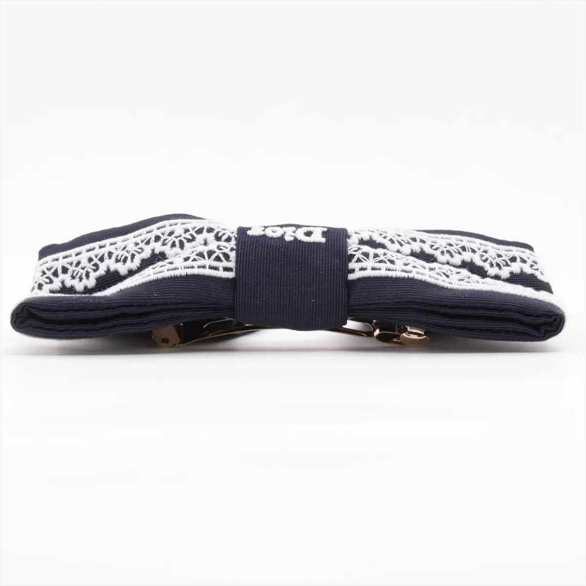 ribbon barrette, fabric, navy x white. Shows signs of wear, — view 2