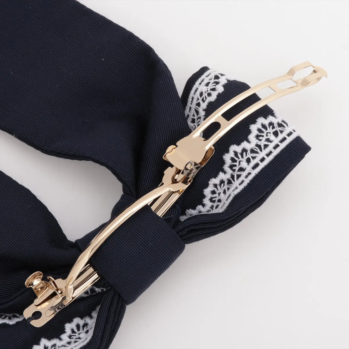 ribbon barrette, fabric, navy x white. Shows signs of wear, — view 3