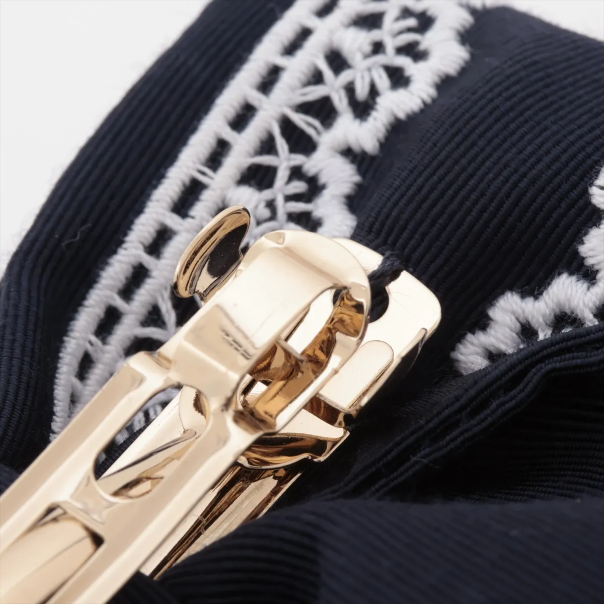 ribbon barrette, fabric, navy x white. Shows signs of wear, — view 4