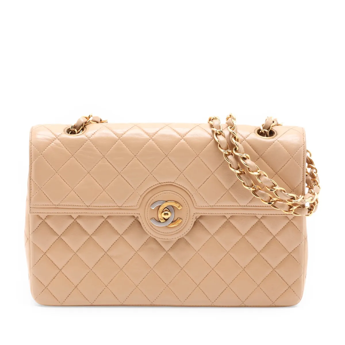 Matelassé Lambskin Single Flap Double Chain Bag, Paris Limited Edition, Beige with Gold Hardware, 3047123, Series 3