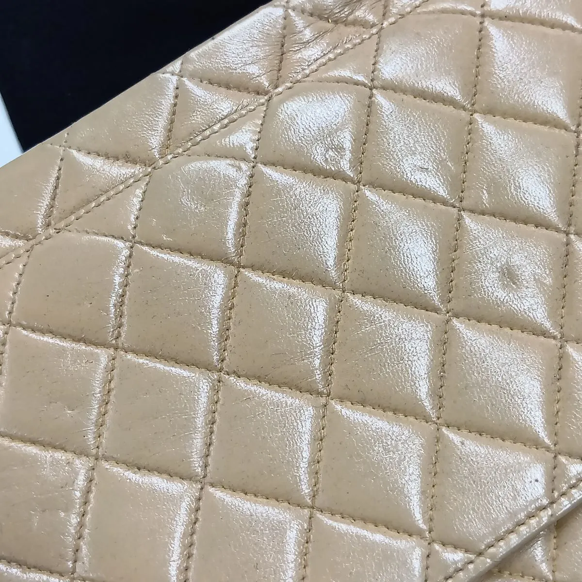 Matelassé Lambskin Single Flap Double Chain Bag, Paris Limited Edition, Beige with Gold Hardware, 3047123, Series 3 — view 15