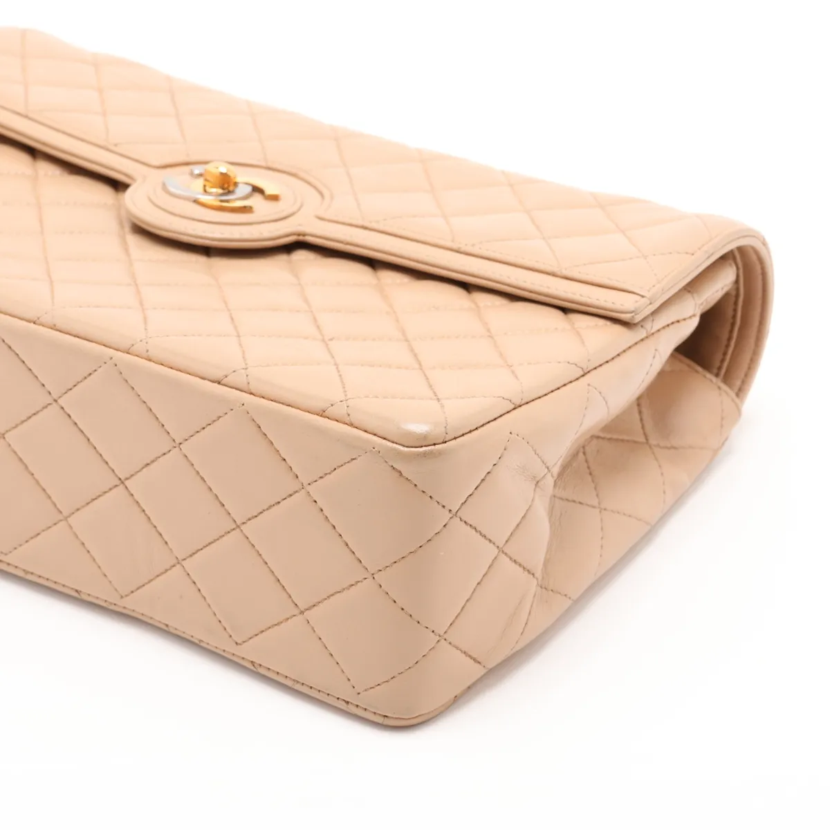 Matelassé Lambskin Single Flap Double Chain Bag, Paris Limited Edition, Beige with Gold Hardware, 3047123, Series 3 — view 3