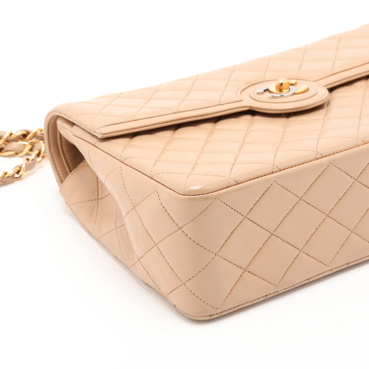 Matelassé Lambskin Single Flap Double Chain Bag, Paris Limited Edition, Beige with Gold Hardware, 3047123, Series 3 — view 4