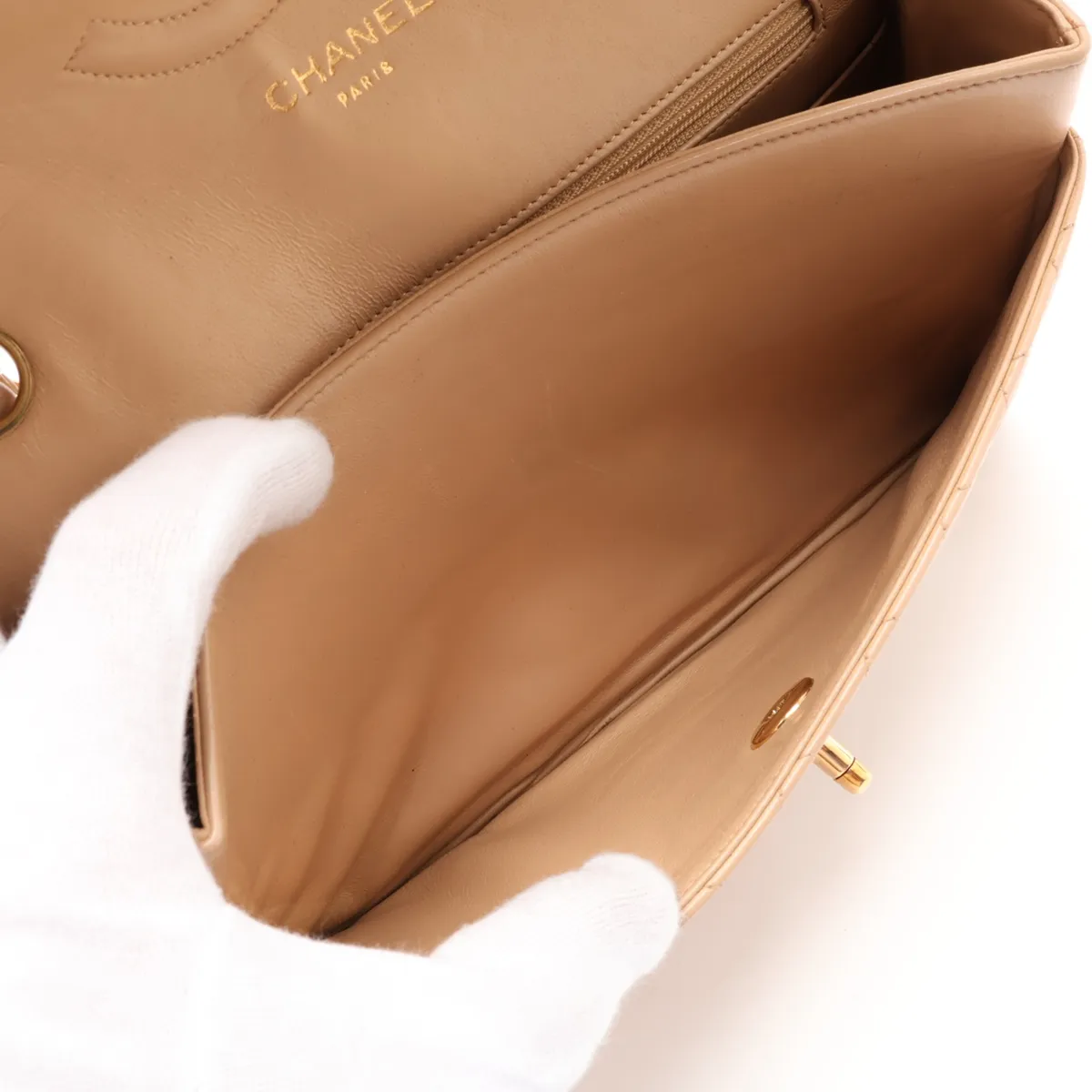 Matelassé Lambskin Single Flap Double Chain Bag, Paris Limited Edition, Beige with Gold Hardware, 3047123, Series 3 — view 7