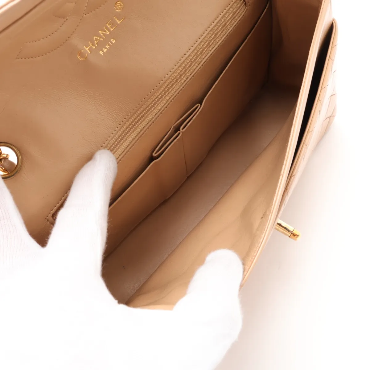 Matelassé Lambskin Single Flap Double Chain Bag, Paris Limited Edition, Beige with Gold Hardware, 3047123, Series 3 — view 8