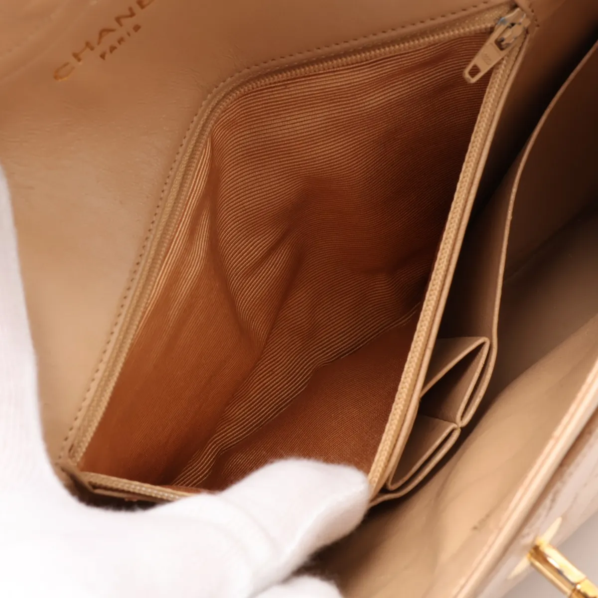 Matelassé Lambskin Single Flap Double Chain Bag, Paris Limited Edition, Beige with Gold Hardware, 3047123, Series 3 — view 9