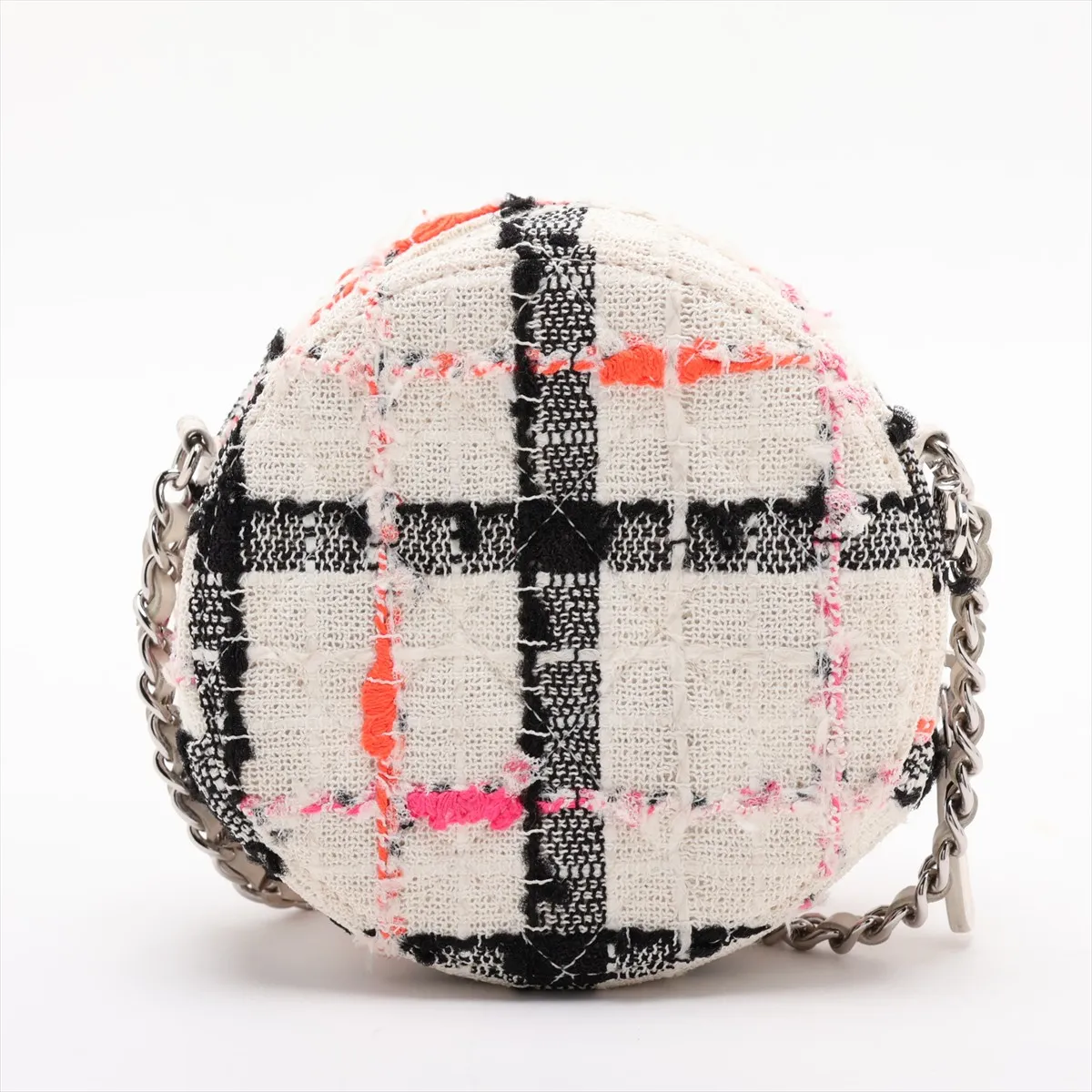 Matelassé Tweed Chain Shoulder Bag, Round, Beige, Silver Hardware, 29914123, Serial Number 29 — view 2