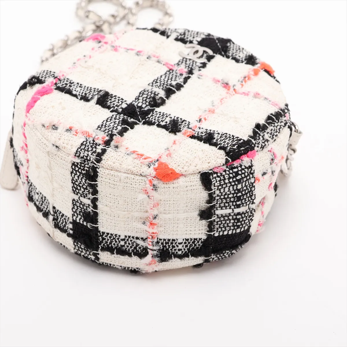 Matelassé Tweed Chain Shoulder Bag, Round, Beige, Silver Hardware, 29914123, Serial Number 29 — view 3