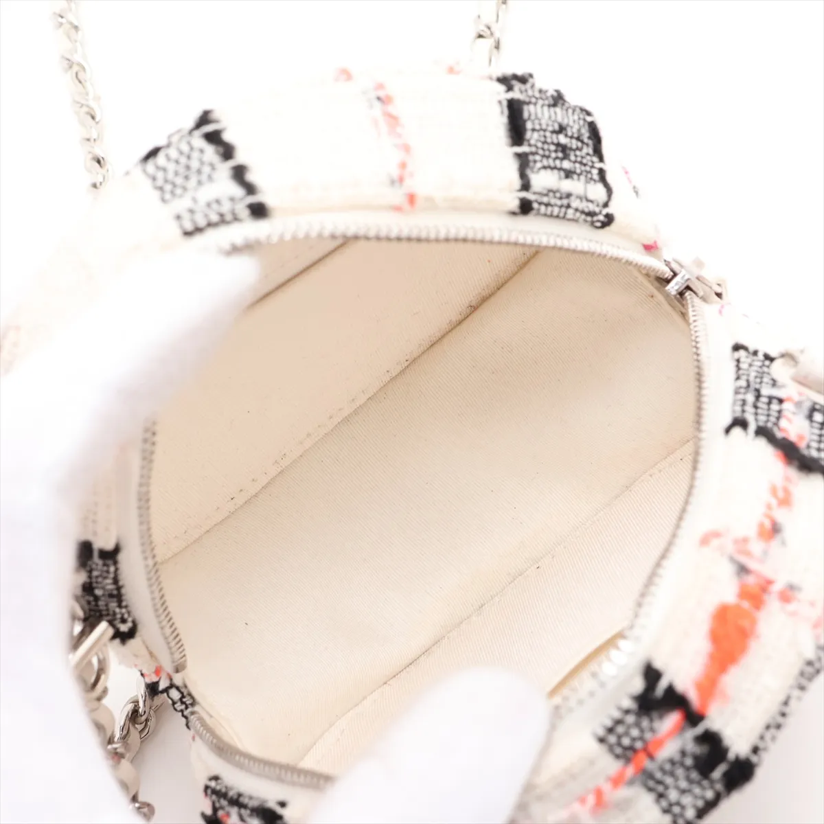 Matelassé Tweed Chain Shoulder Bag, Round, Beige, Silver Hardware, 29914123, Serial Number 29 — view 6