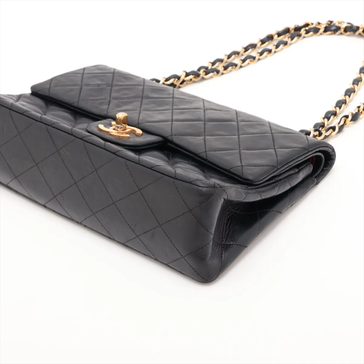 Matelassé 23 Small Lambskin Double Flap Double Chain Bag, Black with Gold Hardware, A01113 — view 3