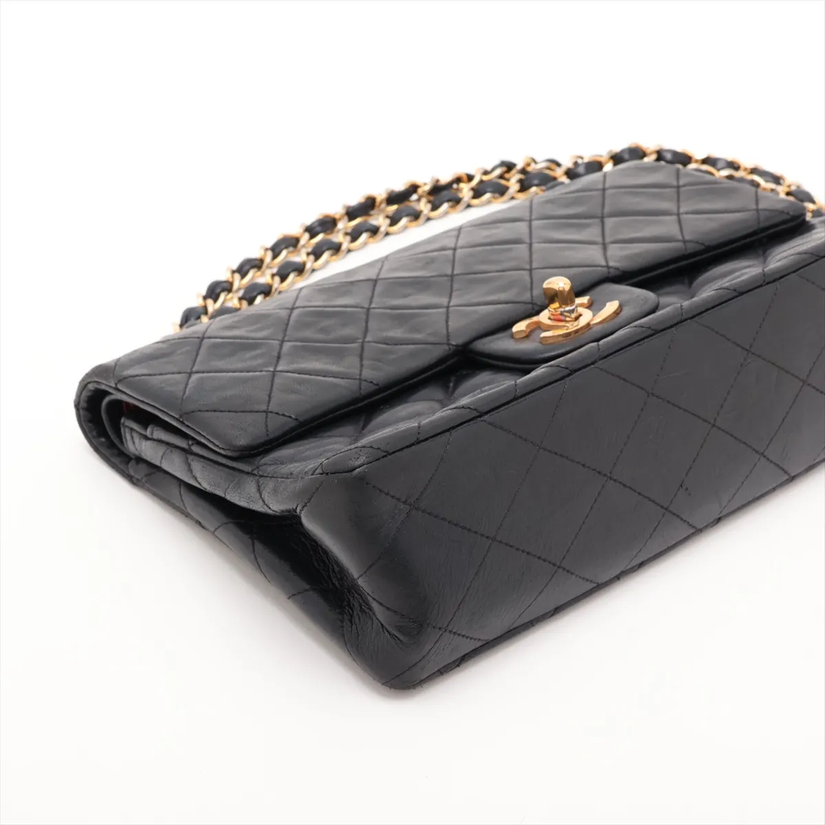 Matelassé 23 Small Lambskin Double Flap Double Chain Bag, Black with Gold Hardware, A01113 — view 4