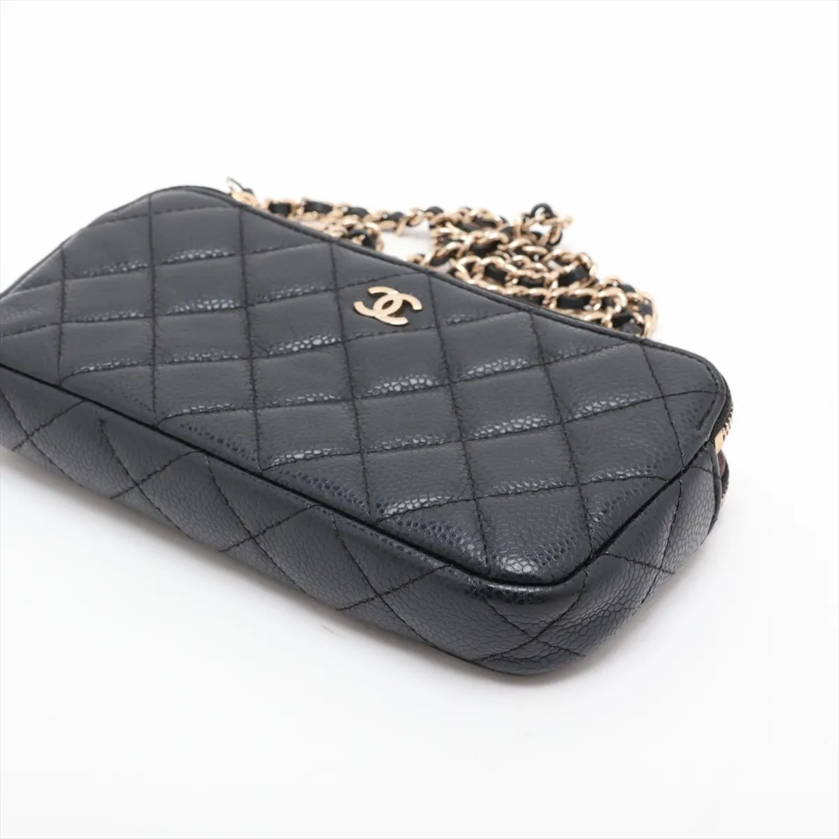 Matelassé Caviar Skin Chain Wallet, Black with Gold Hardware, 25753505 (Serial Number in the 25s) — view 3