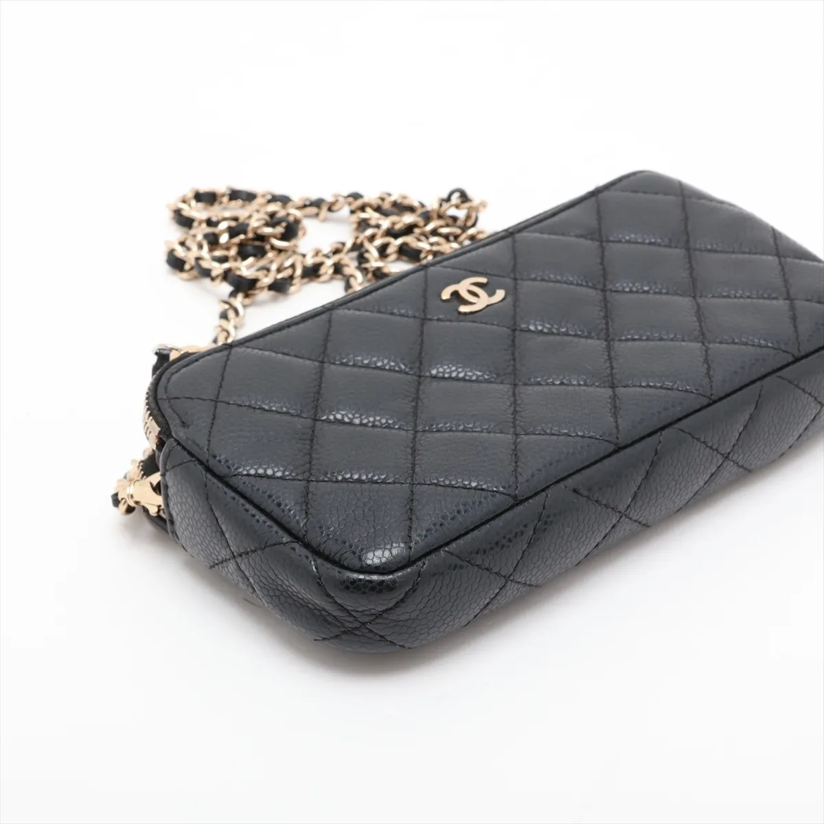 Matelassé Caviar Skin Chain Wallet, Black with Gold Hardware, 25753505 (Serial Number in the 25s) — view 4