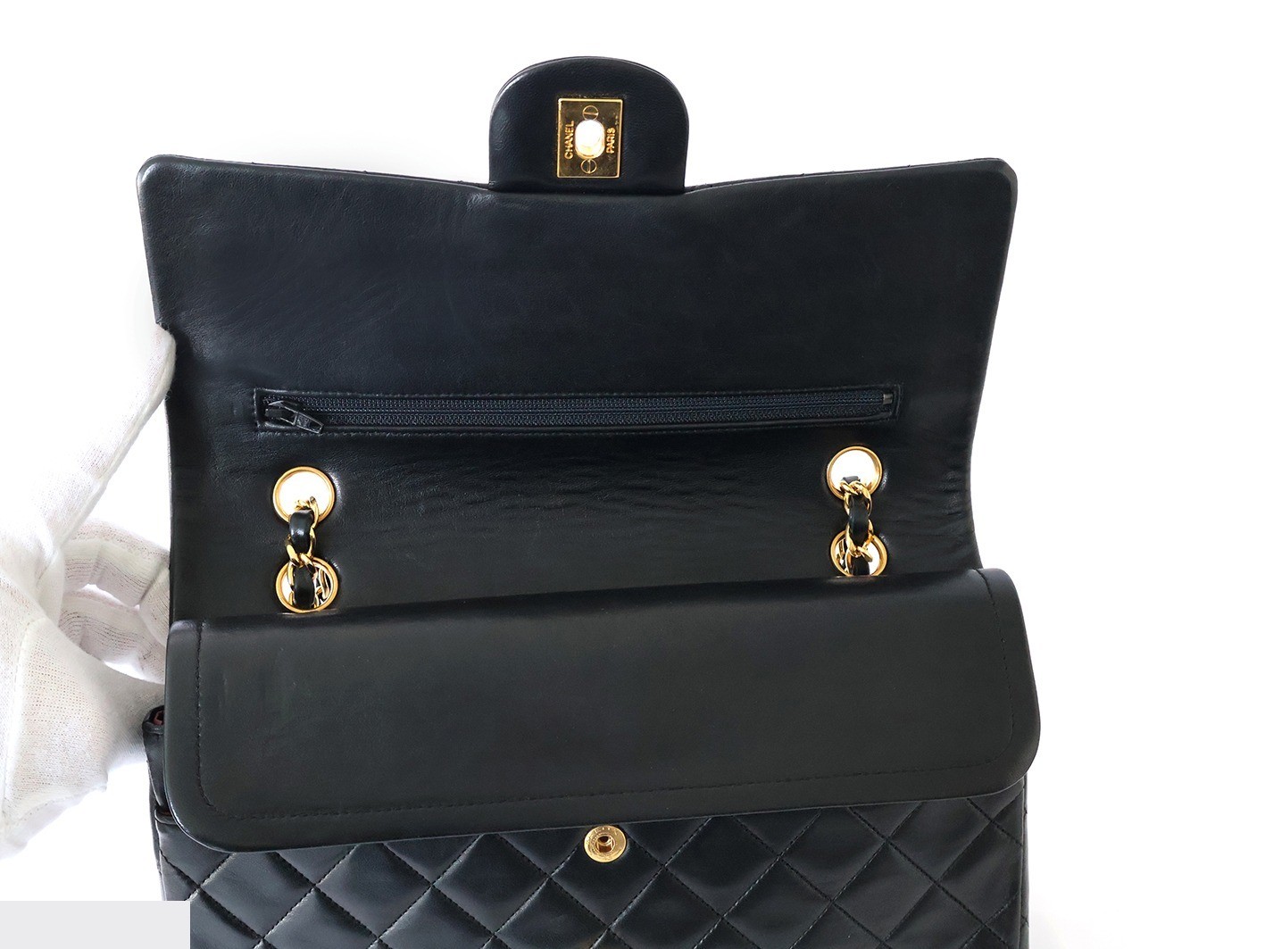 Matelassé 25 Lambskin Double Flap Double Chain Shoulder Bag, Black — view 10
