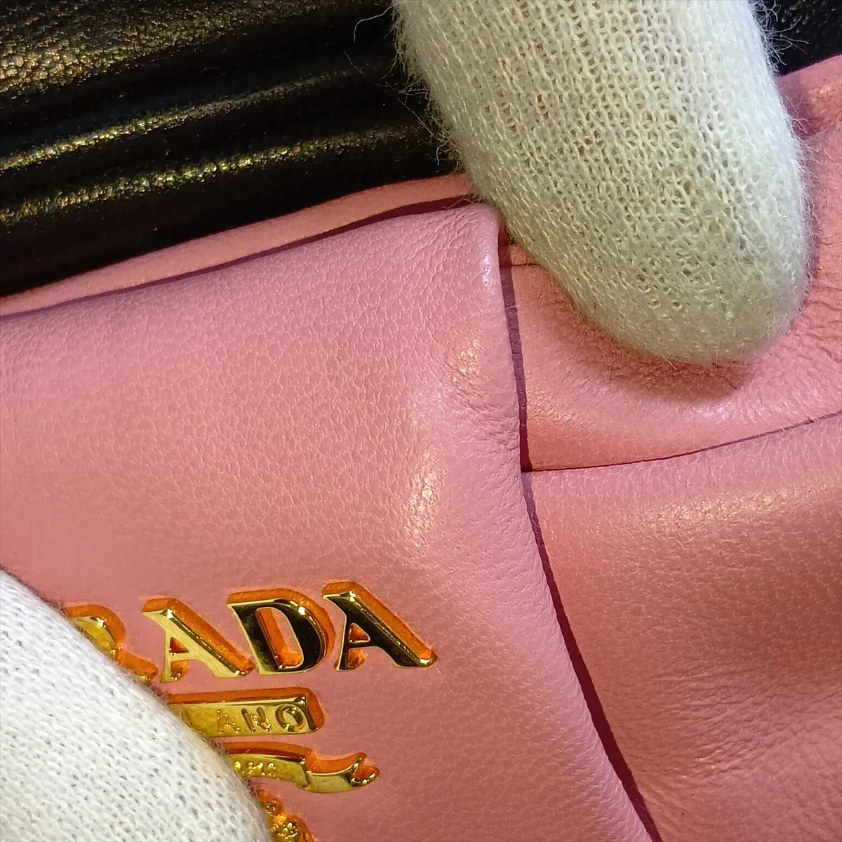 Nappa Fiocco Leather Shoulder Bag, Black x Pink — view 12