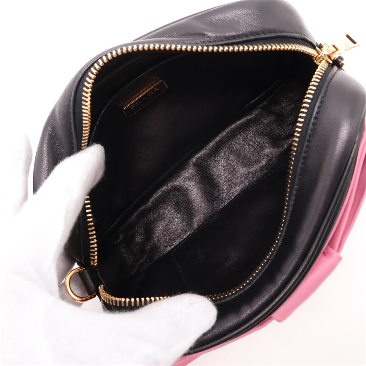 Nappa Fiocco Leather Shoulder Bag, Black x Pink — view 6