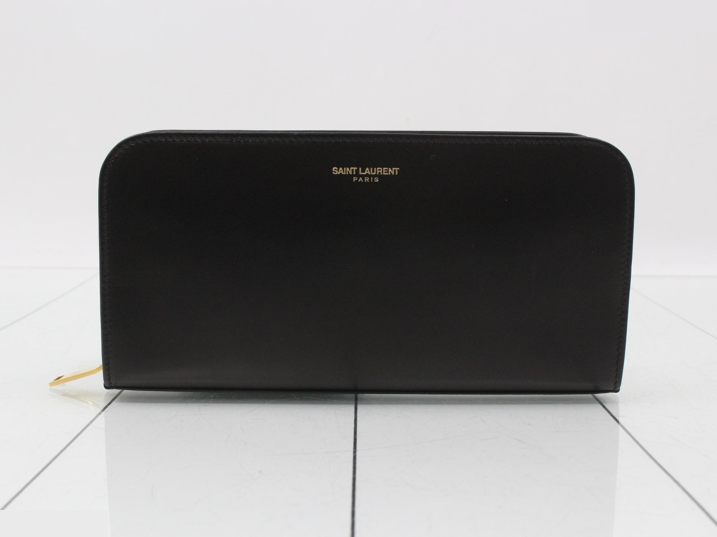 Leather round zip wallet, black