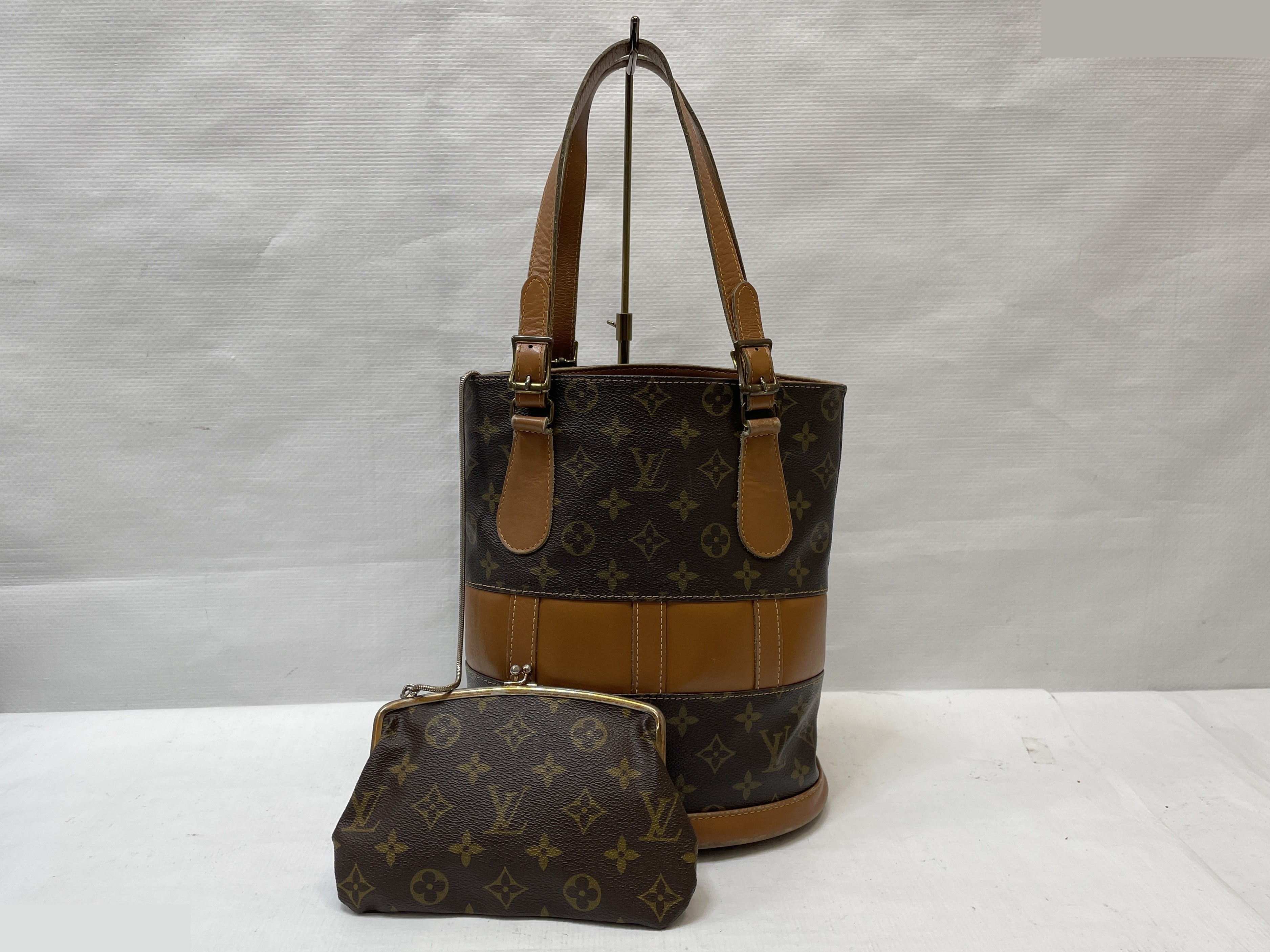 USA Monogram Bucket PM Tote Bag, Brown, with Pouch