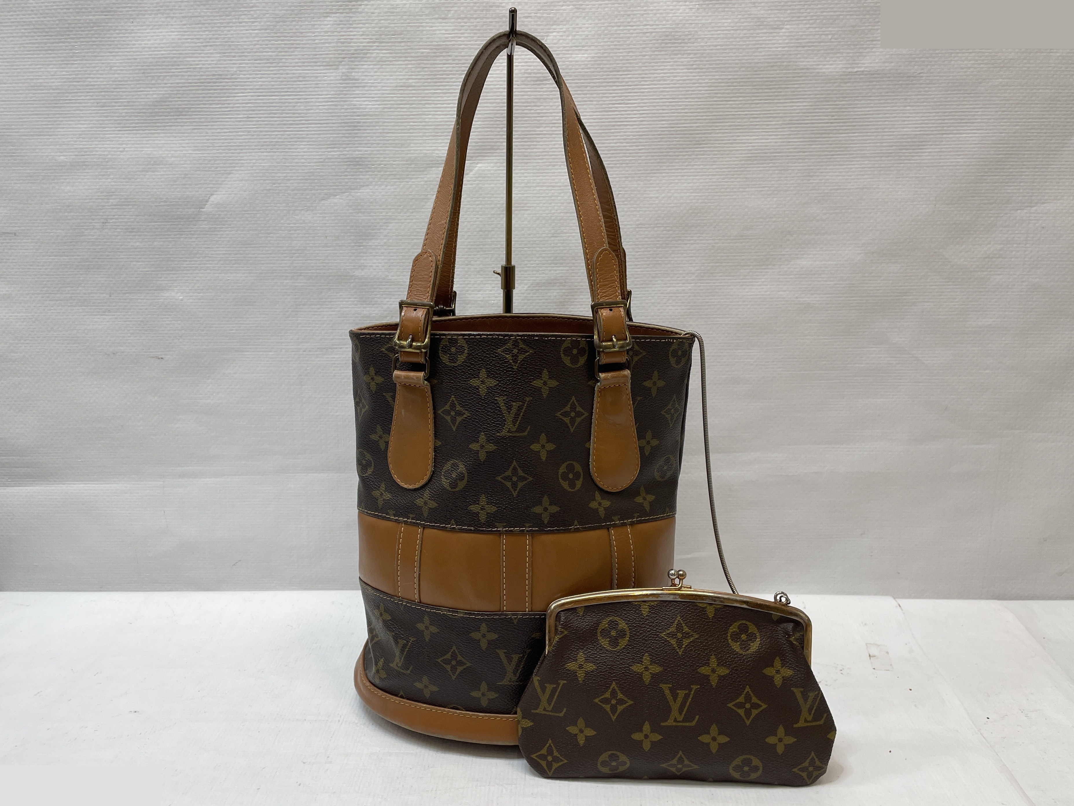 USA Monogram Bucket PM Tote Bag, Brown, with Pouch — view 2