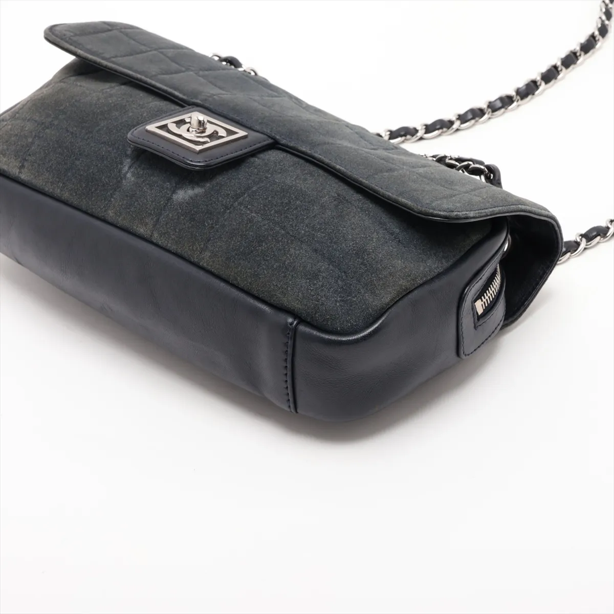 Sport Line Suede x Leather Chain Shoulder Bag, Chocolate Bar (Gray x Navy), Silver Hardware, Item Number 12350634, Series 12 — view 3