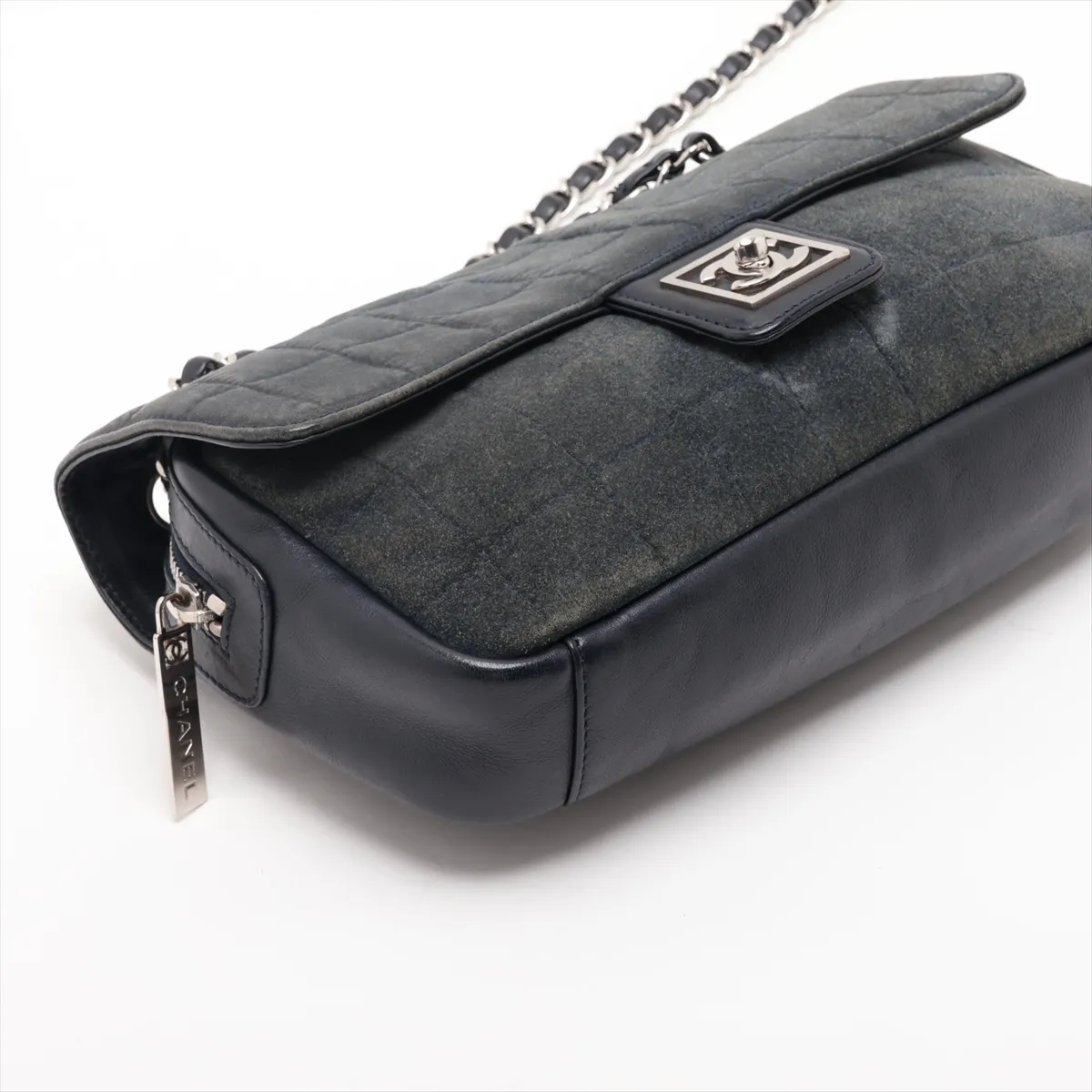 Sport Line Suede x Leather Chain Shoulder Bag, Chocolate Bar (Gray x Navy), Silver Hardware, Item Number 12350634, Series 12 — view 4