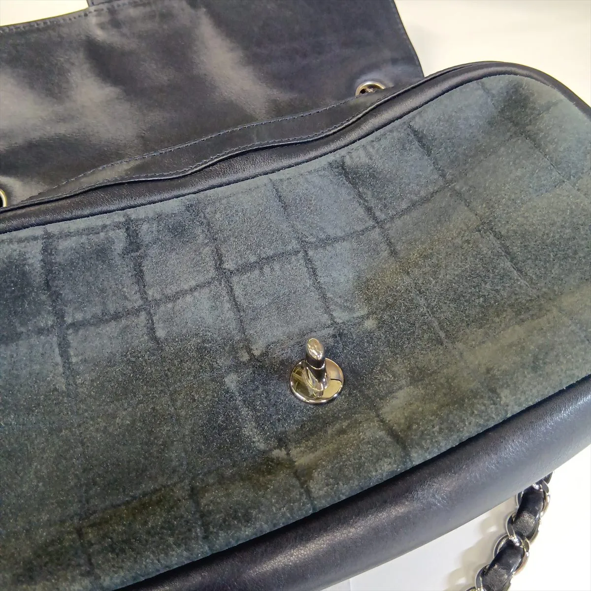 Sport Line Suede x Leather Chain Shoulder Bag, Chocolate Bar (Gray x Navy), Silver Hardware, Item Number 12350634, Series 12 — view 10