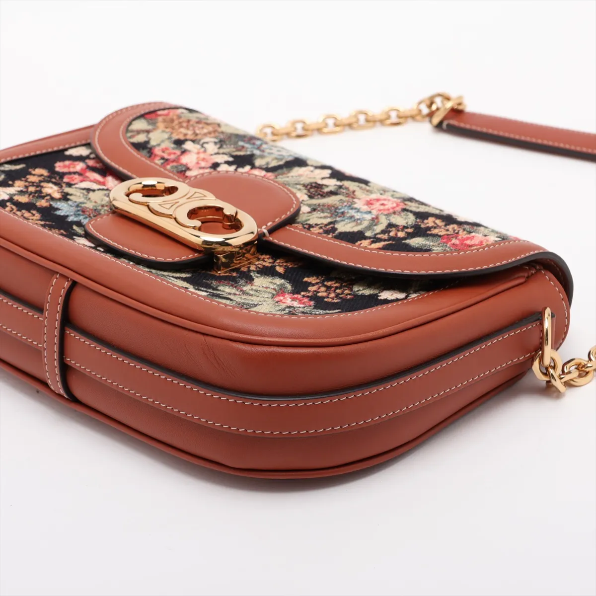 Triomphe Canvas x Leather Chain Shoulder Bag, Black x Brown — view 3