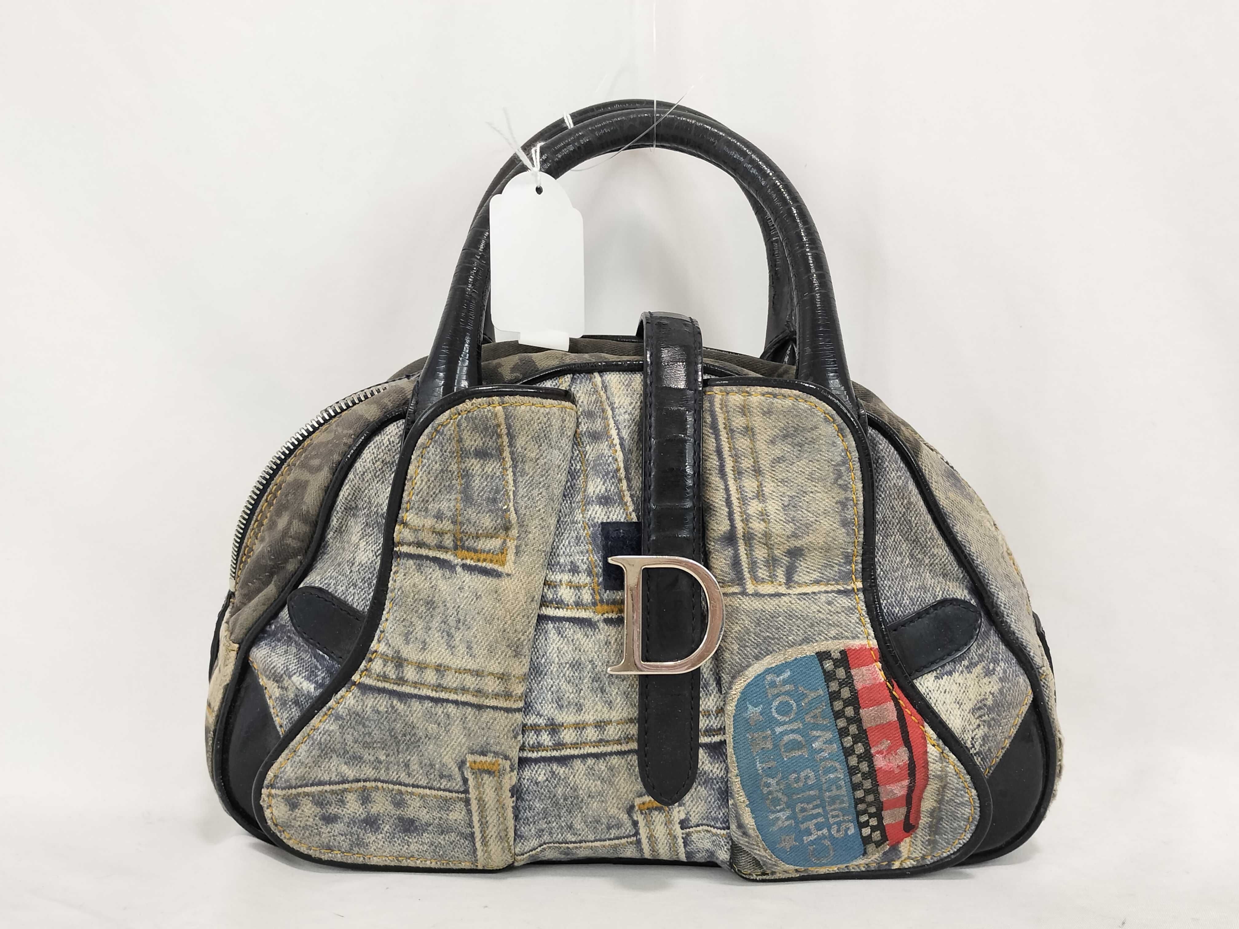 FR-Christian Double Saddle Denim × Patent Leather Handbag Blue