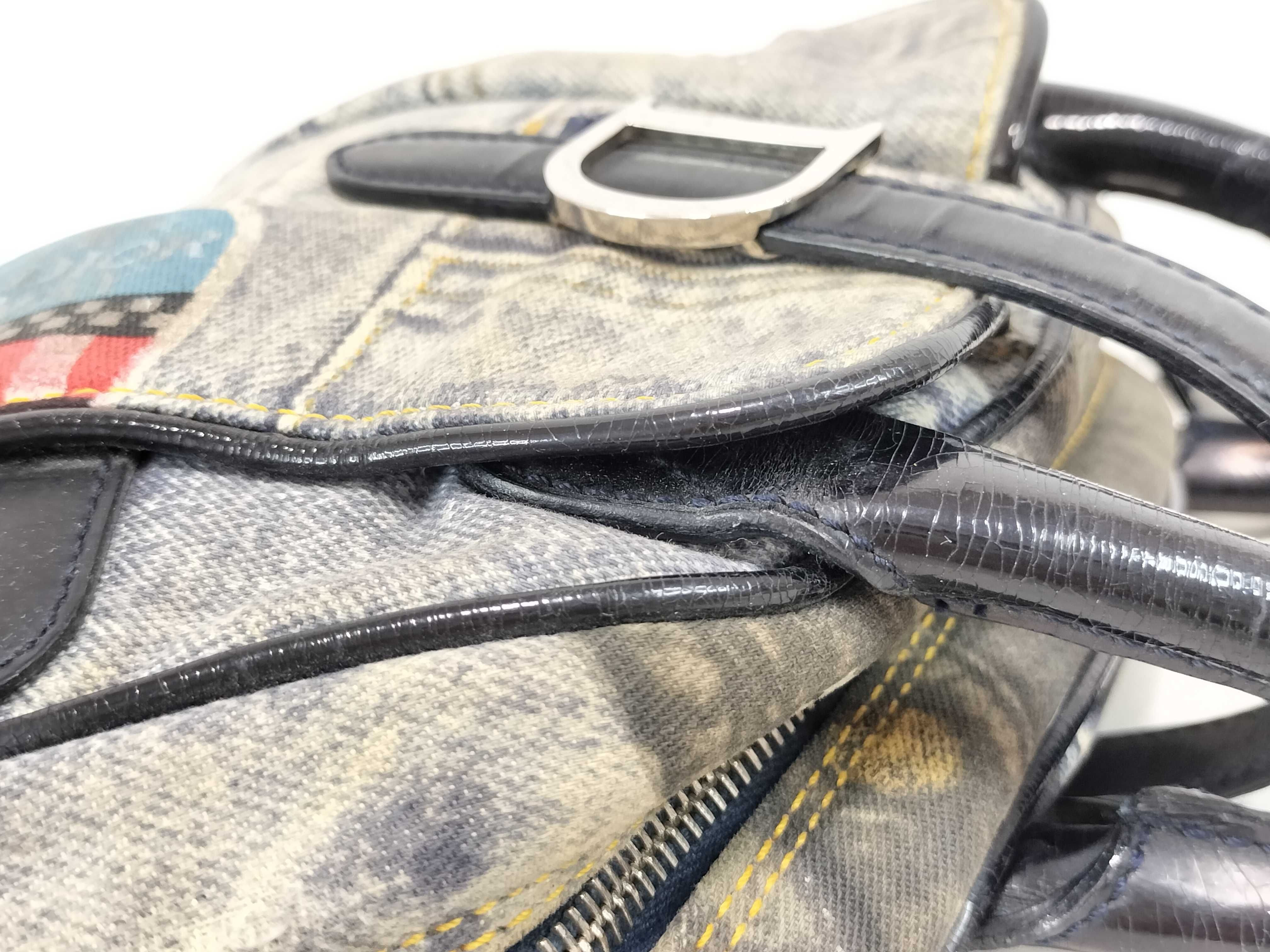 FR-Christian Double Saddle Denim × Patent Leather Handbag Blue — view 5