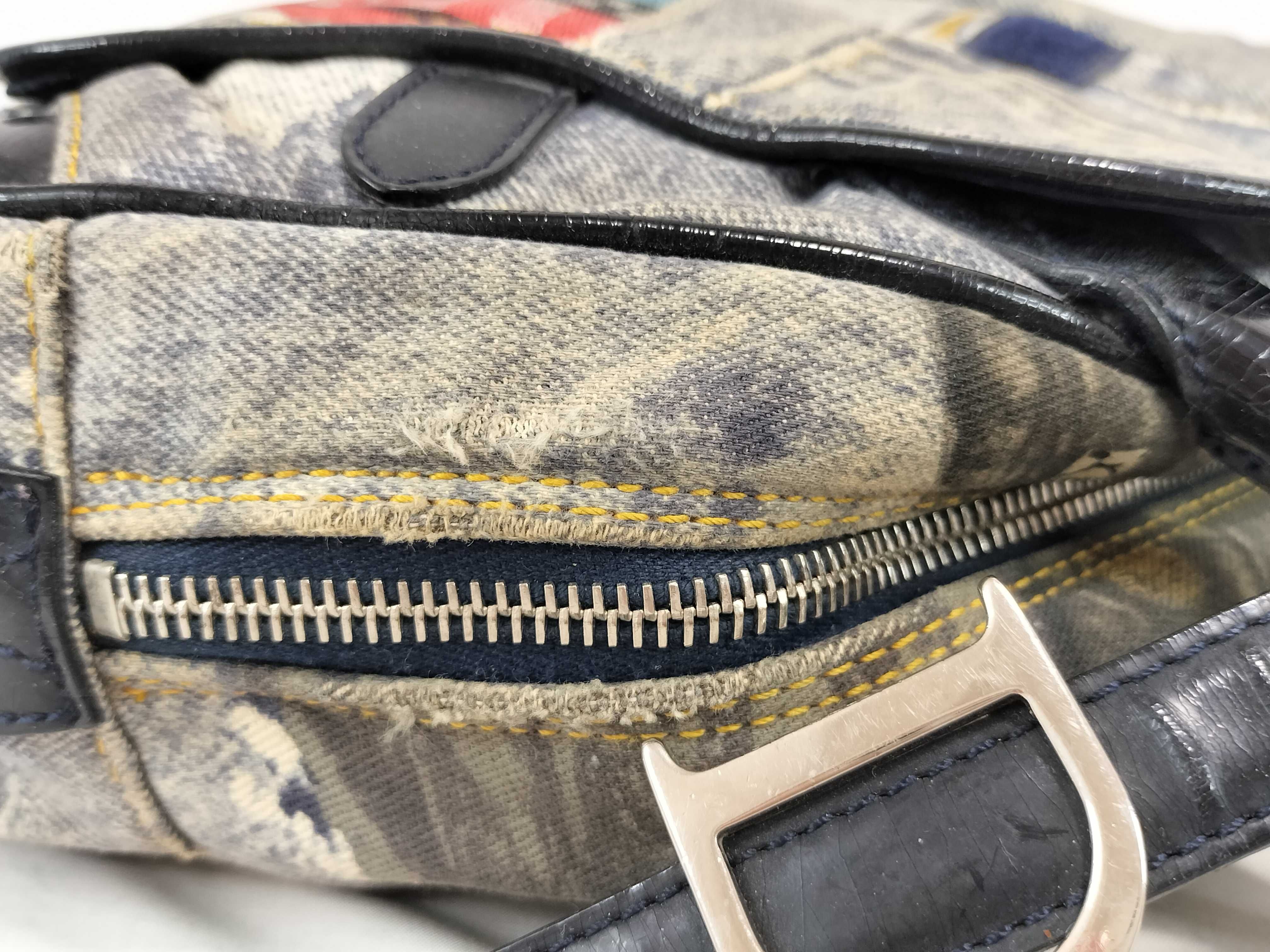 FR-Christian Double Saddle Denim × Patent Leather Handbag Blue — view 6