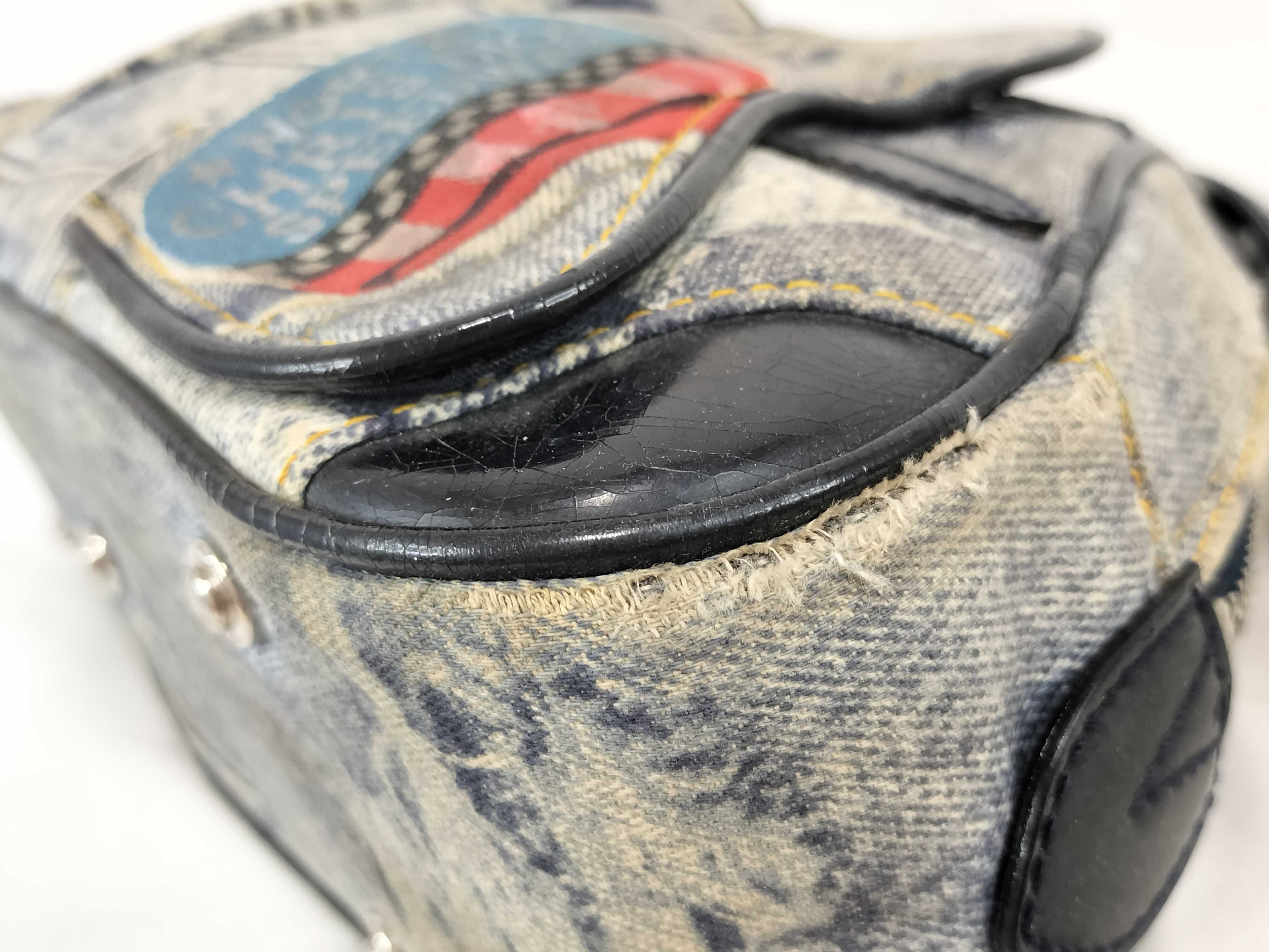 FR-Christian Double Saddle Denim × Patent Leather Handbag Blue — view 7